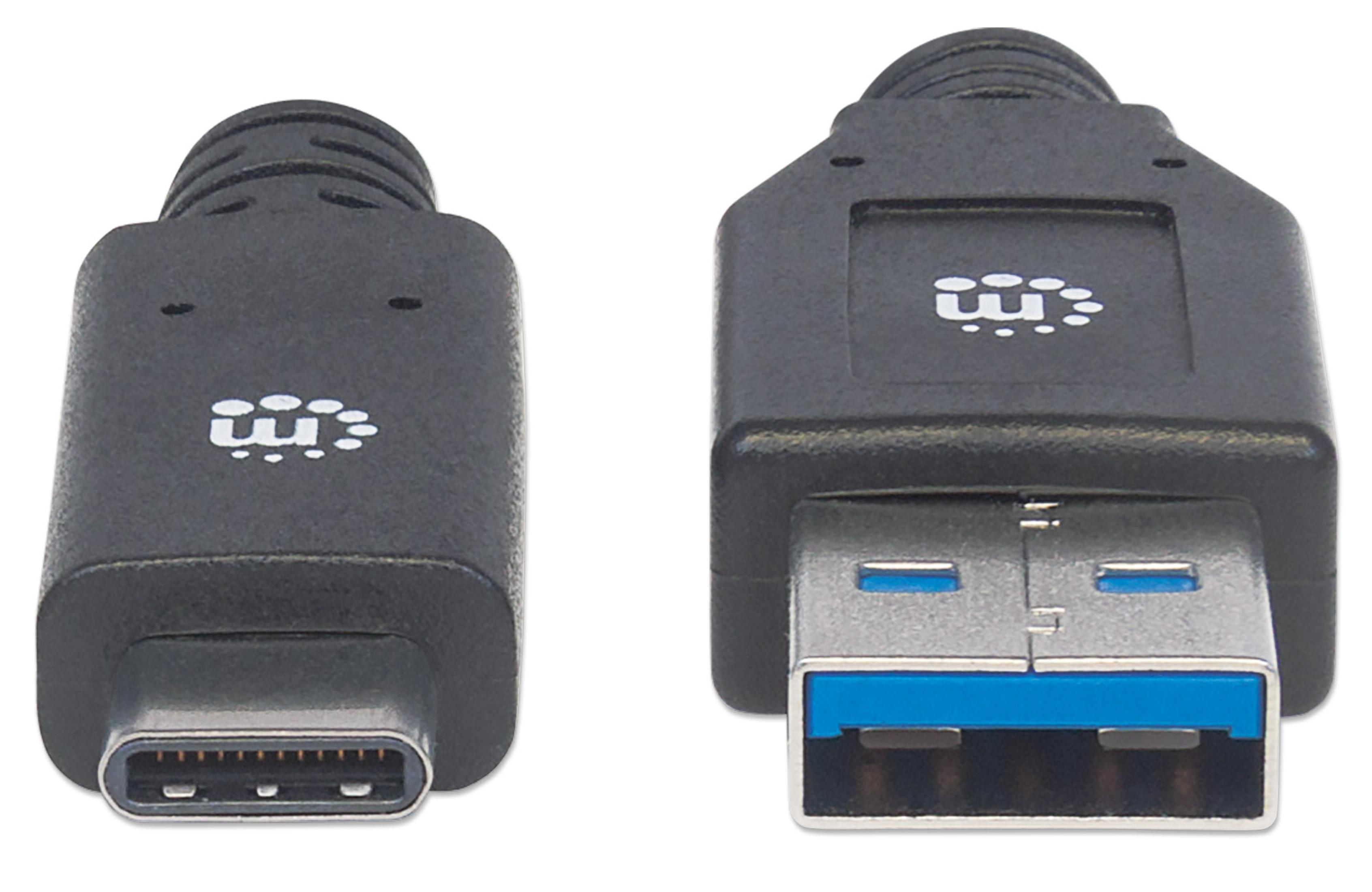 Primo piano di due connettori USB-C neri su sfondo bianco.