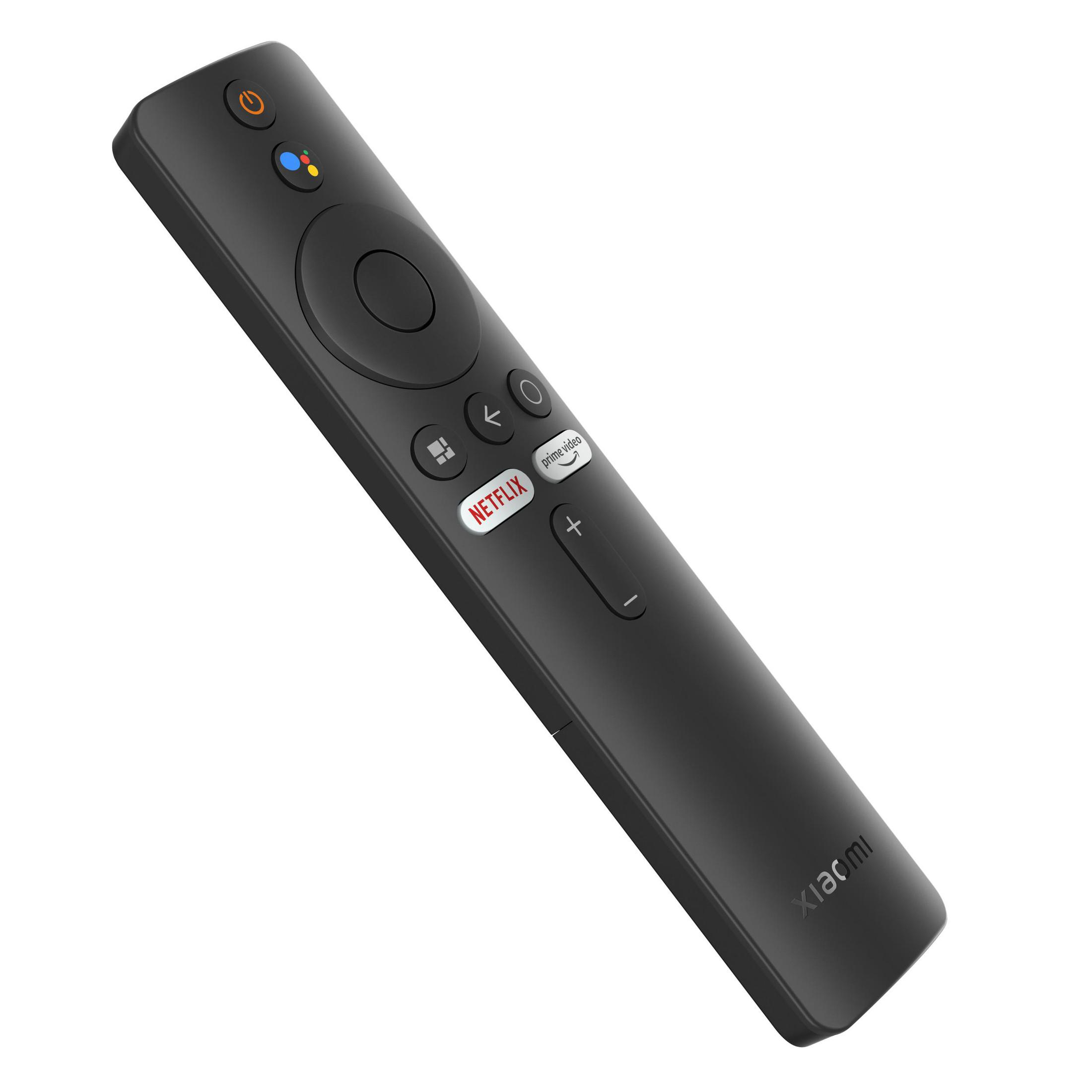 Un mando a distancia negro con varios botones, incluyendo Netflix y controles de volumen, sobre fondo blanco.