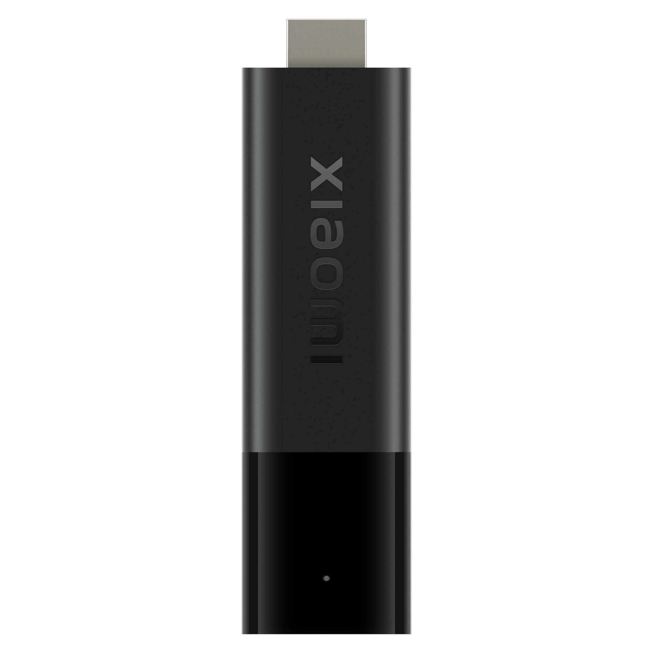 Un dispositivo de transmisión Xiaomi negro con conector USB-C. La marca está impresa.