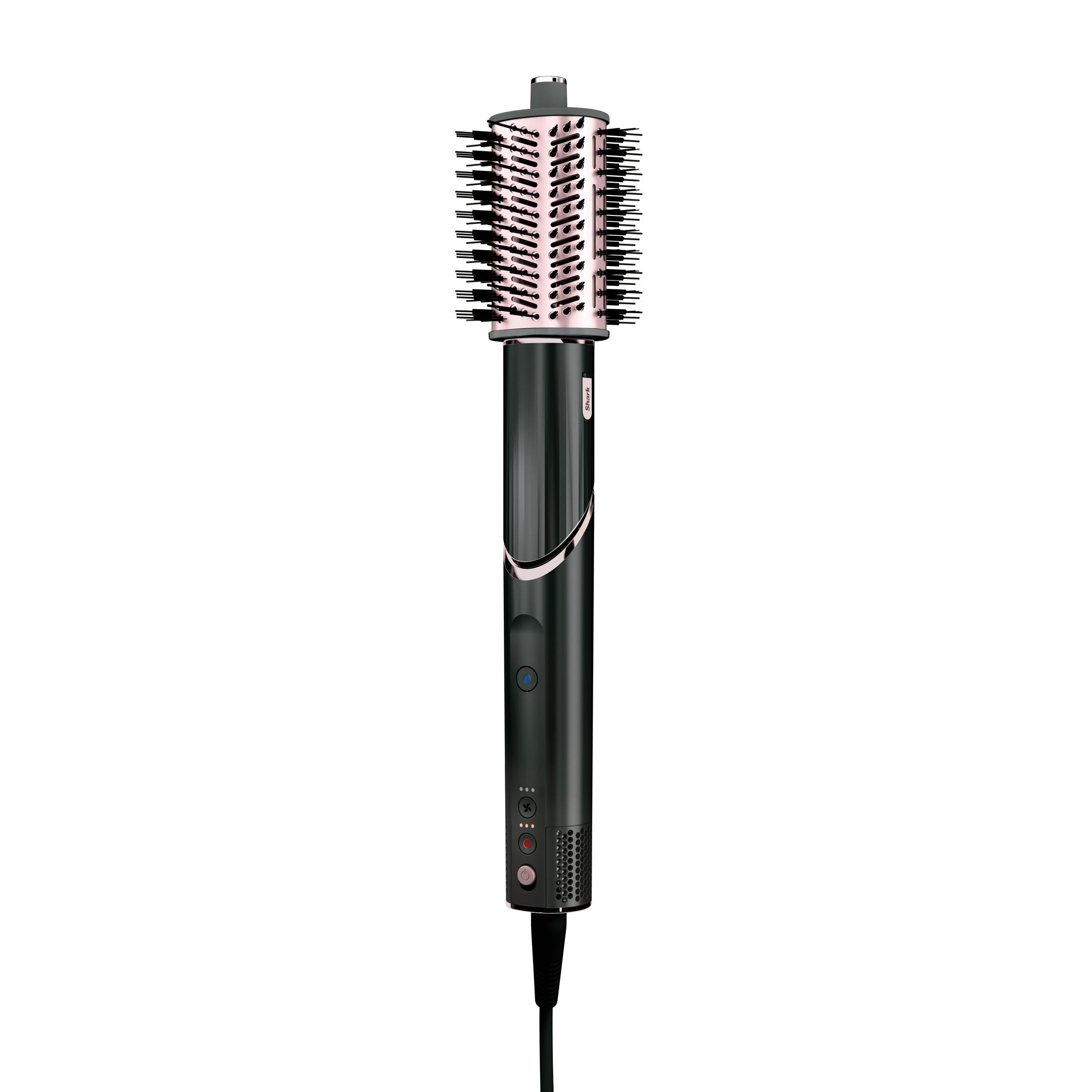 Czarna szczotka do stylizacji włosów z różowym włosiem, czarnym przewodem i czarnym i różowym korpusem.