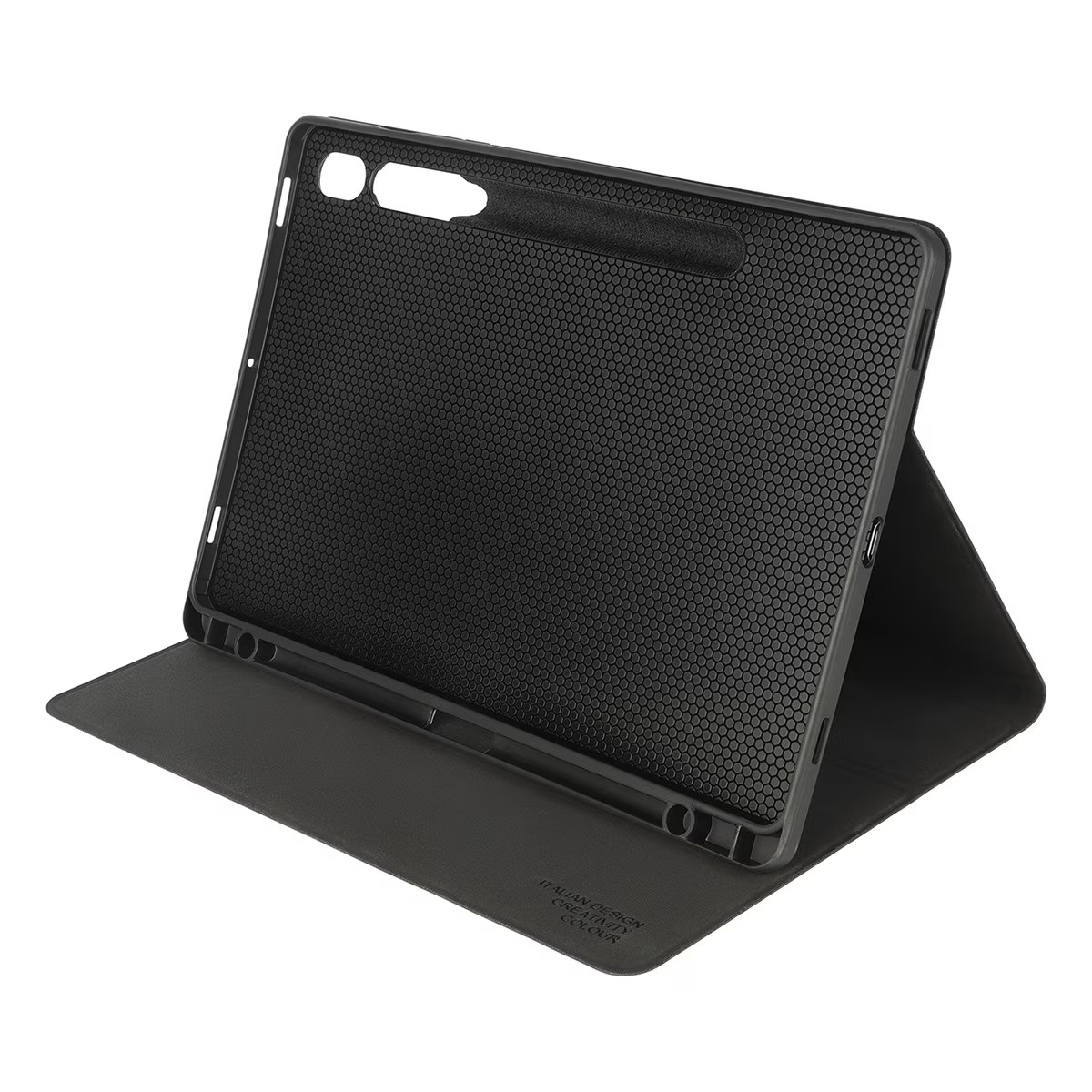 Funda de tableta negra abierta, mostrando el interior con diseño texturizado y portalápices.
