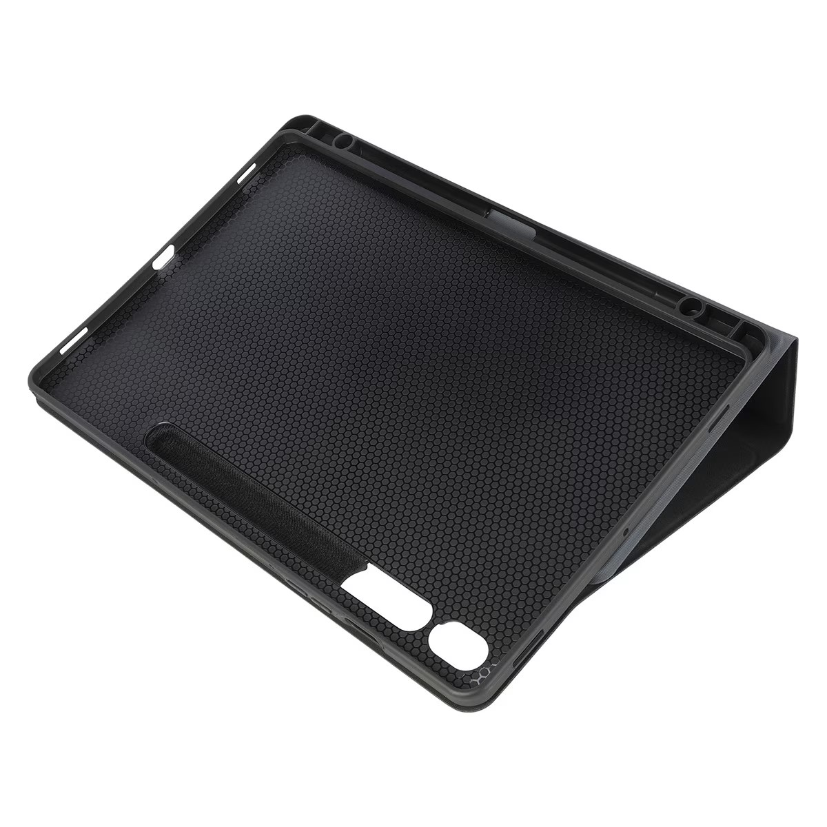Funda negra para tableta sobre blanco, con interior de nido de abeja.