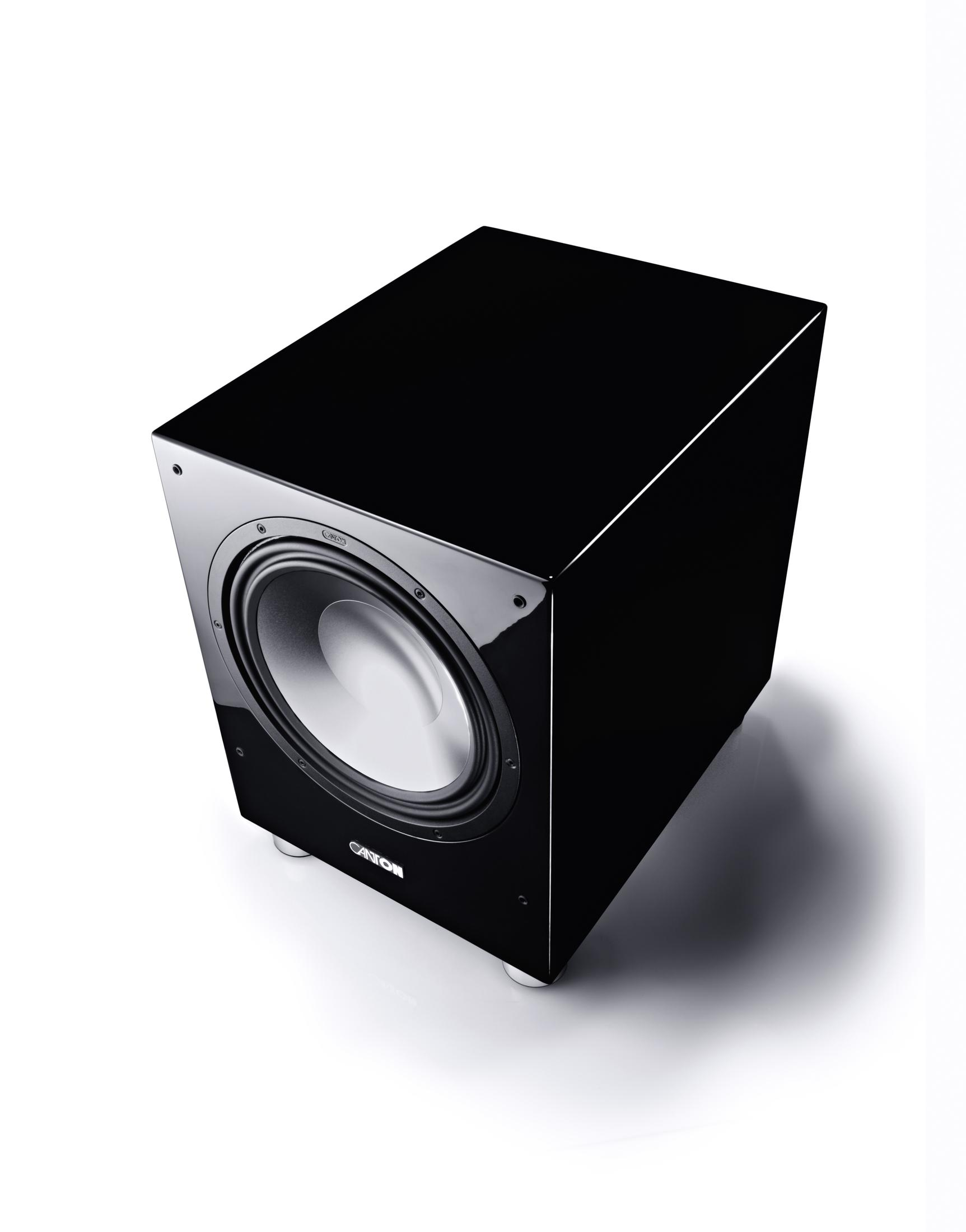 Schwarzer Subwoofer, Draufsicht. Canto-Logo.