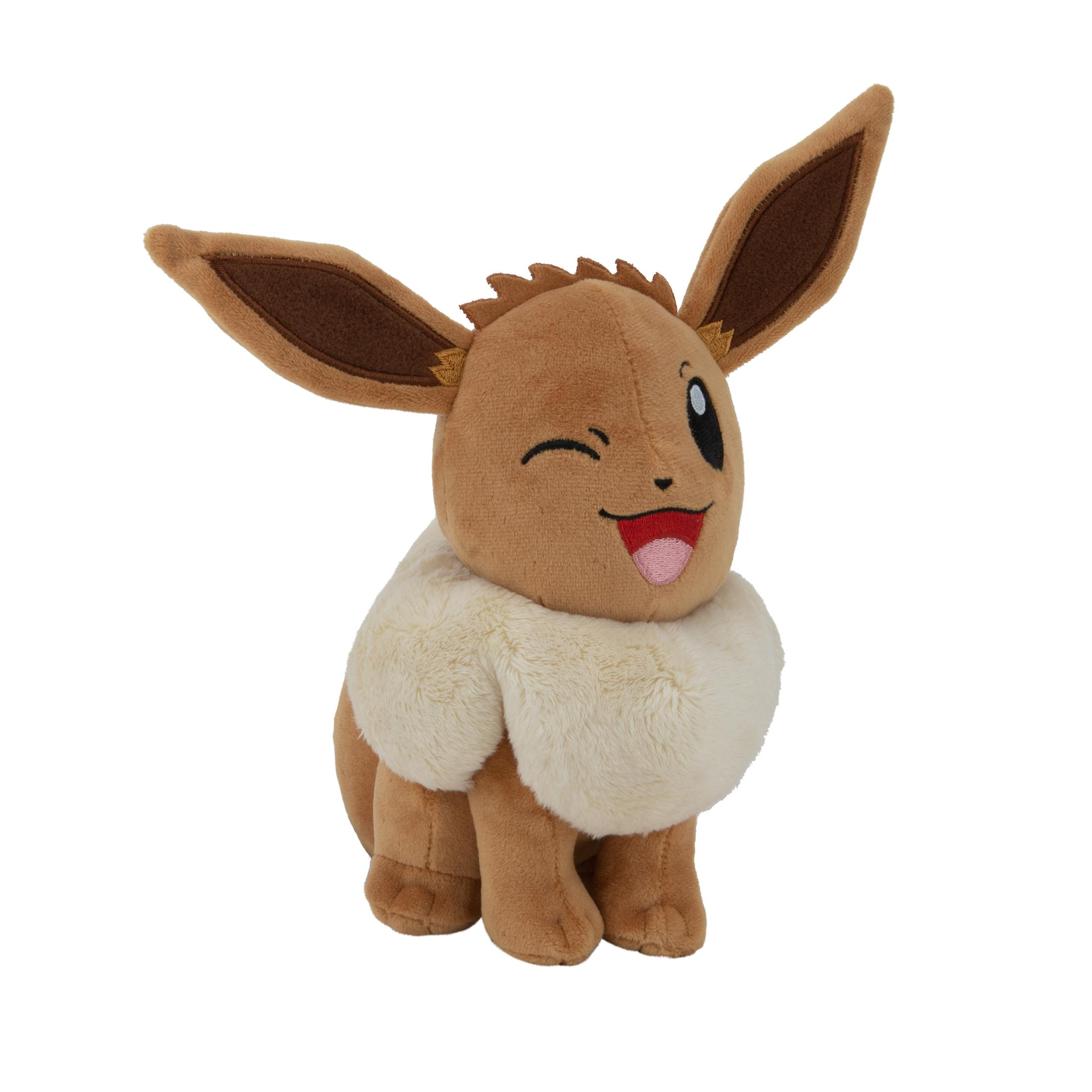 Eevee-Plüschtier, das zwinkert und lächelt, braune und cremefarbene Farben.
