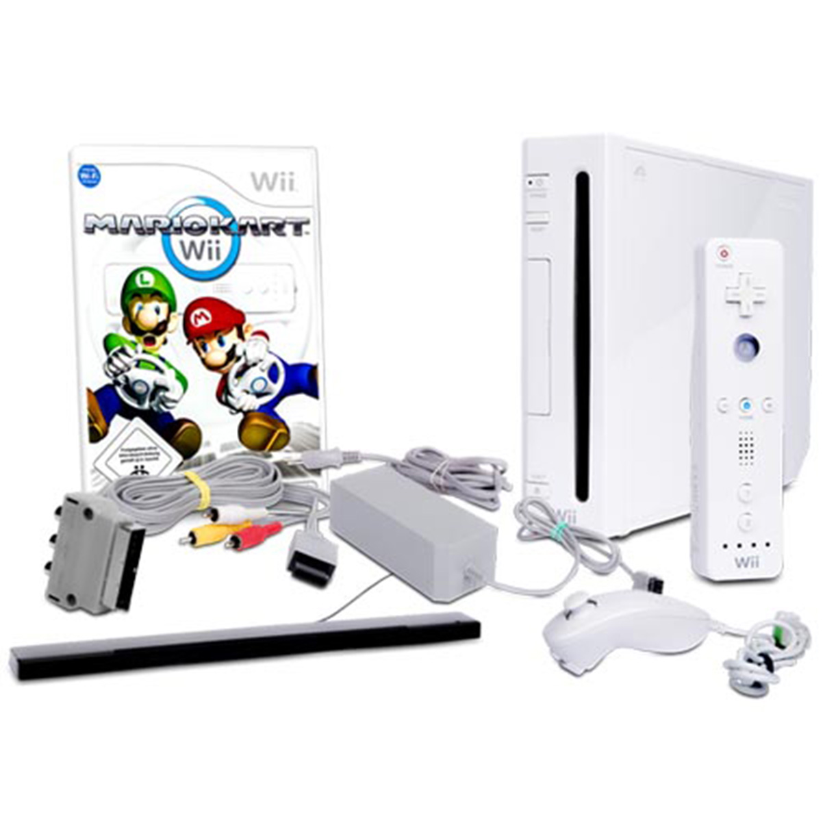 Wii-Konsole, Spielhülle, Zubehör und Controller.