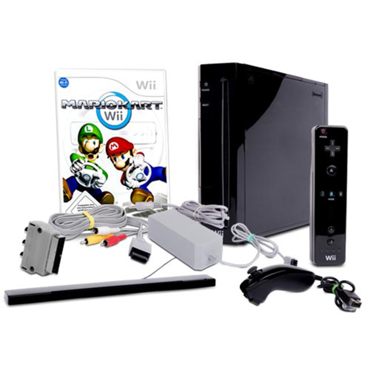 Wii-Konsole, Controller und Zubehör.