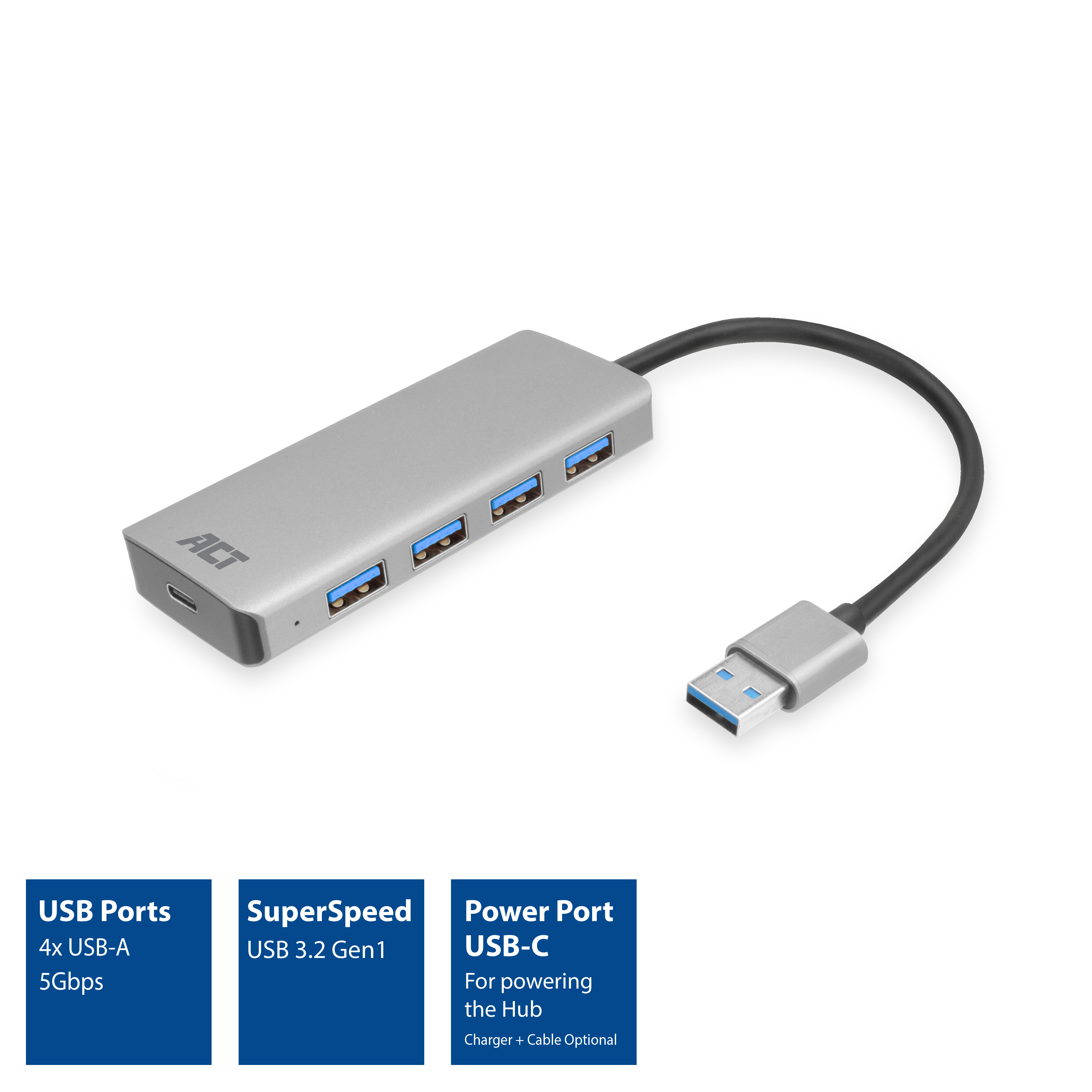 Hub USB argento con quattro porte USB-A e una porta di alimentazione USB-C.