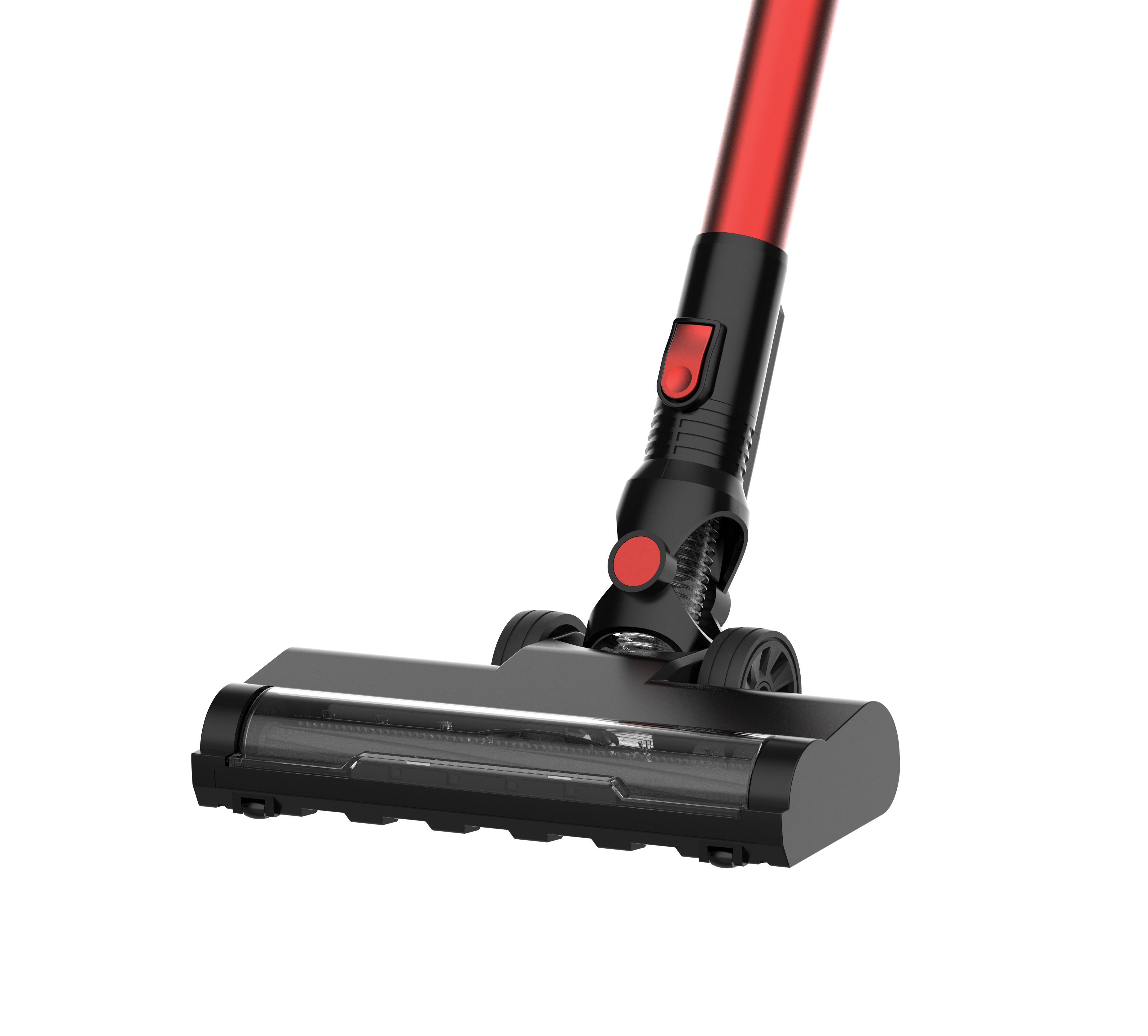 Der Kopf eines Staubsaugers mit einem rot-schwarzen Griff. Es ist weißer Hintergrund.