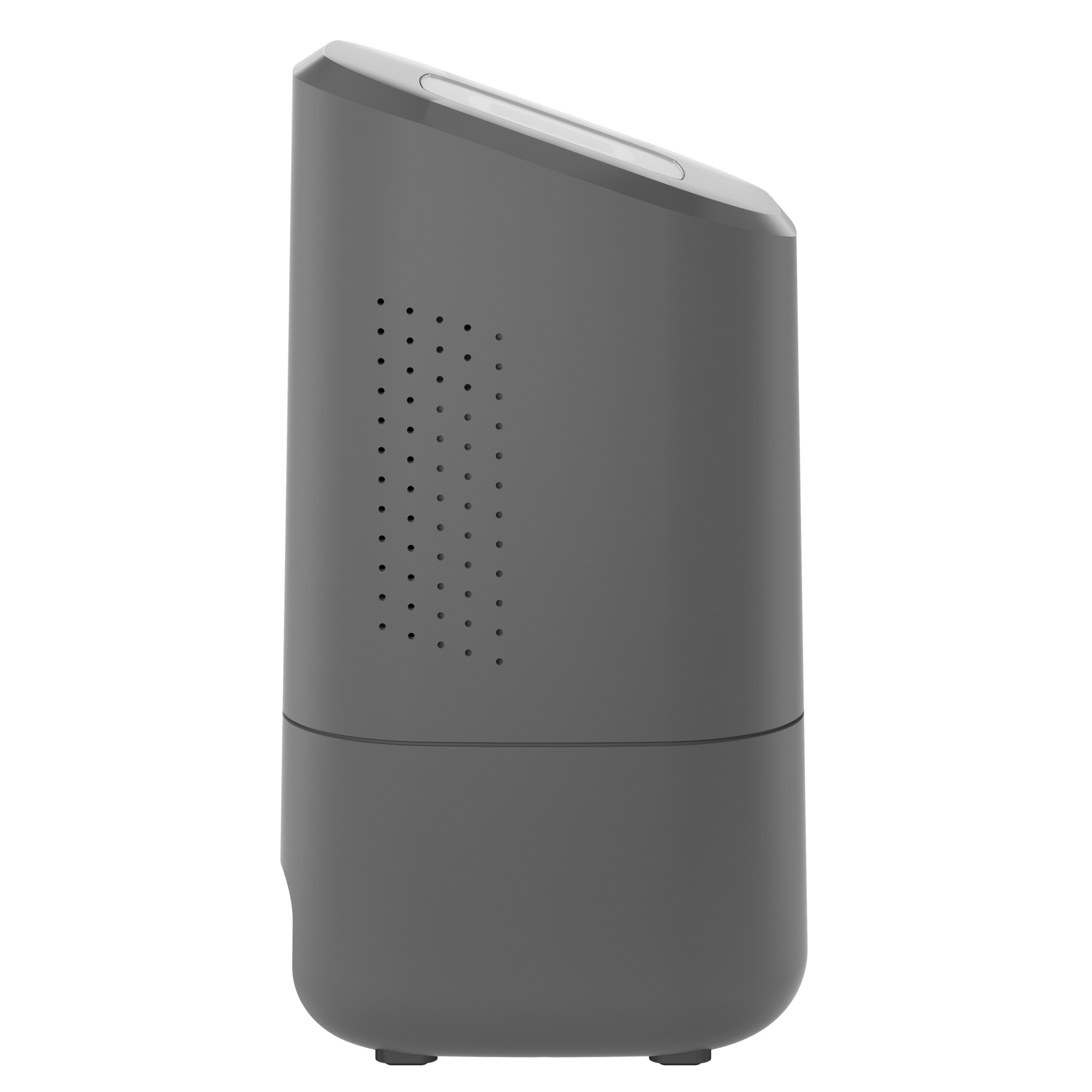 Szary nawilżacz z małym otworem na górze. Z boku ma szereg otworów.