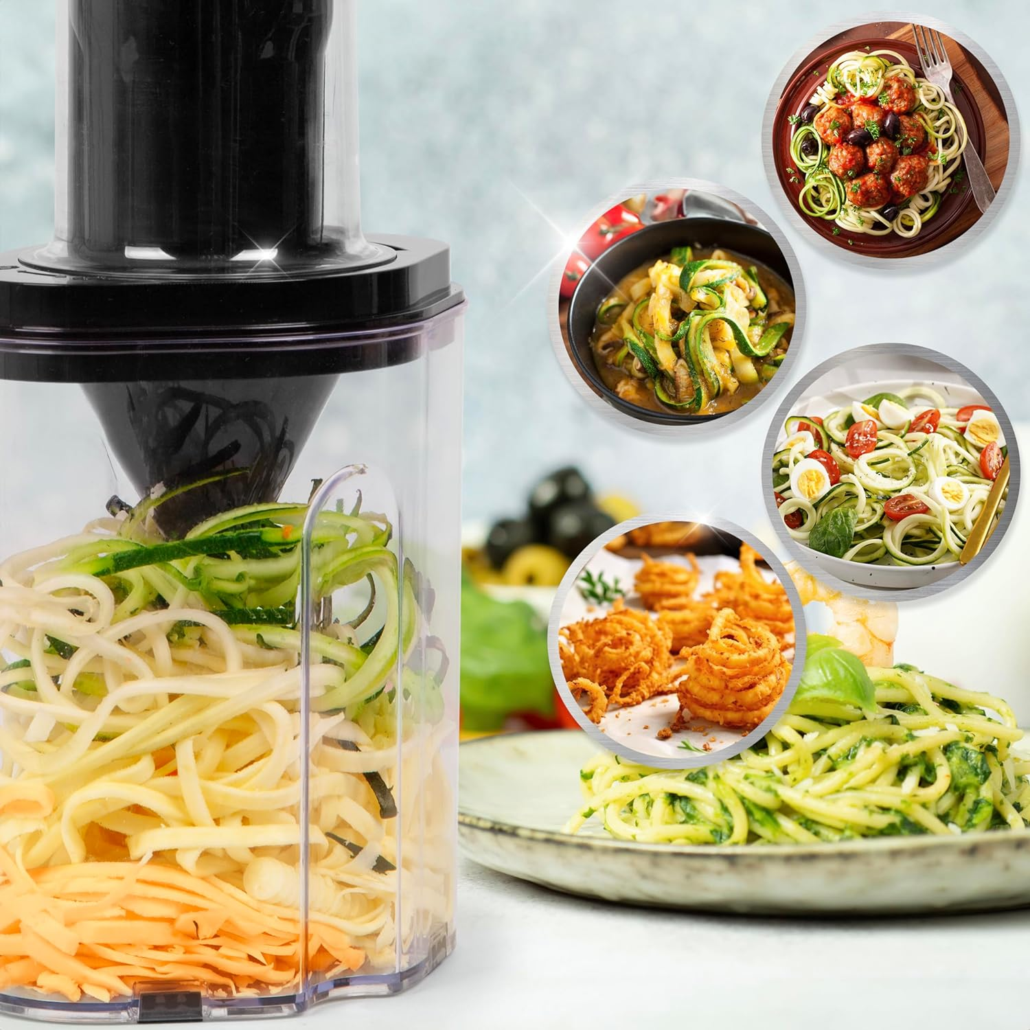 Gemüsespiralizer mit vorbereitetem Gemüse und Bildern fertiger Gerichte.