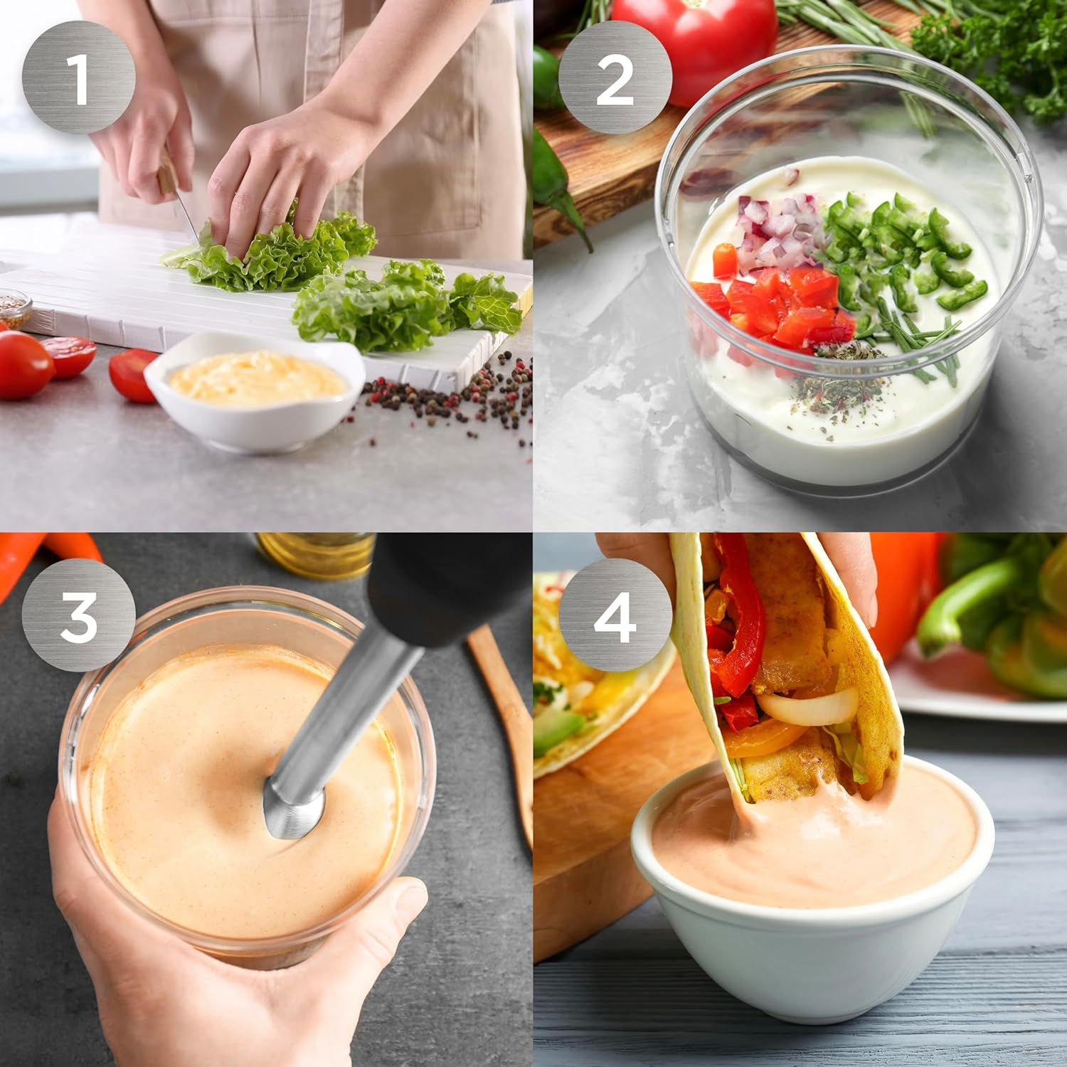 Vier Bilder mit Schritten der Essenszubereitung: Salat schneiden, Zutaten mischen, mixen und dippen.