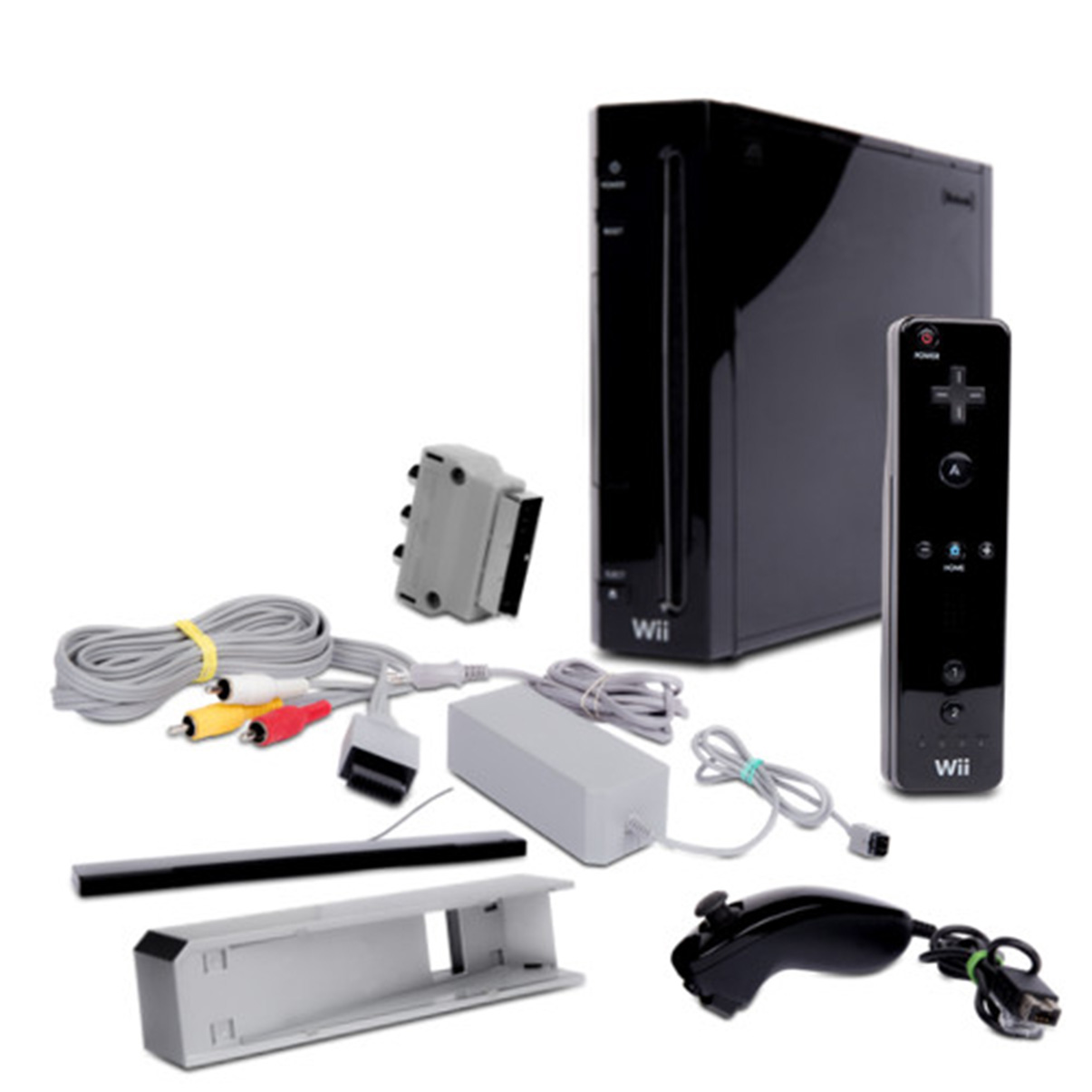 Wii-Spielkonsolen-Set. Enthält Konsole, Controller, Kabel, Sensorleiste und eine Wii-Fernbedienung.
