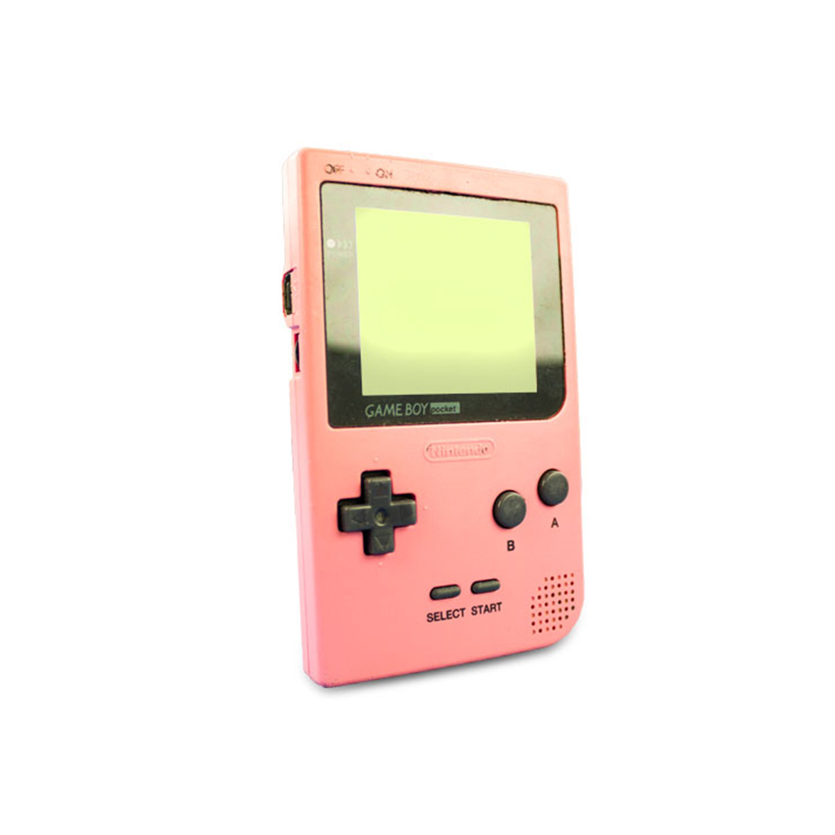 Rosa Game Boy Pocket Handheld-Konsole auf weißem Hintergrund. Knöpfe und Bildschirm sichtbar.