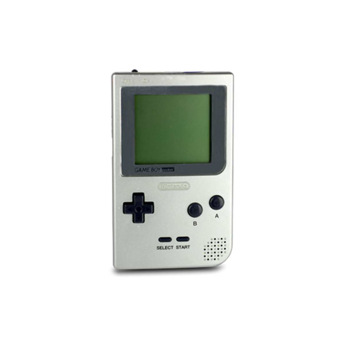 Eine silberne Game Boy Pocket Handheld-Konsole mit grünem Bildschirm und schwarzen Knöpfen.