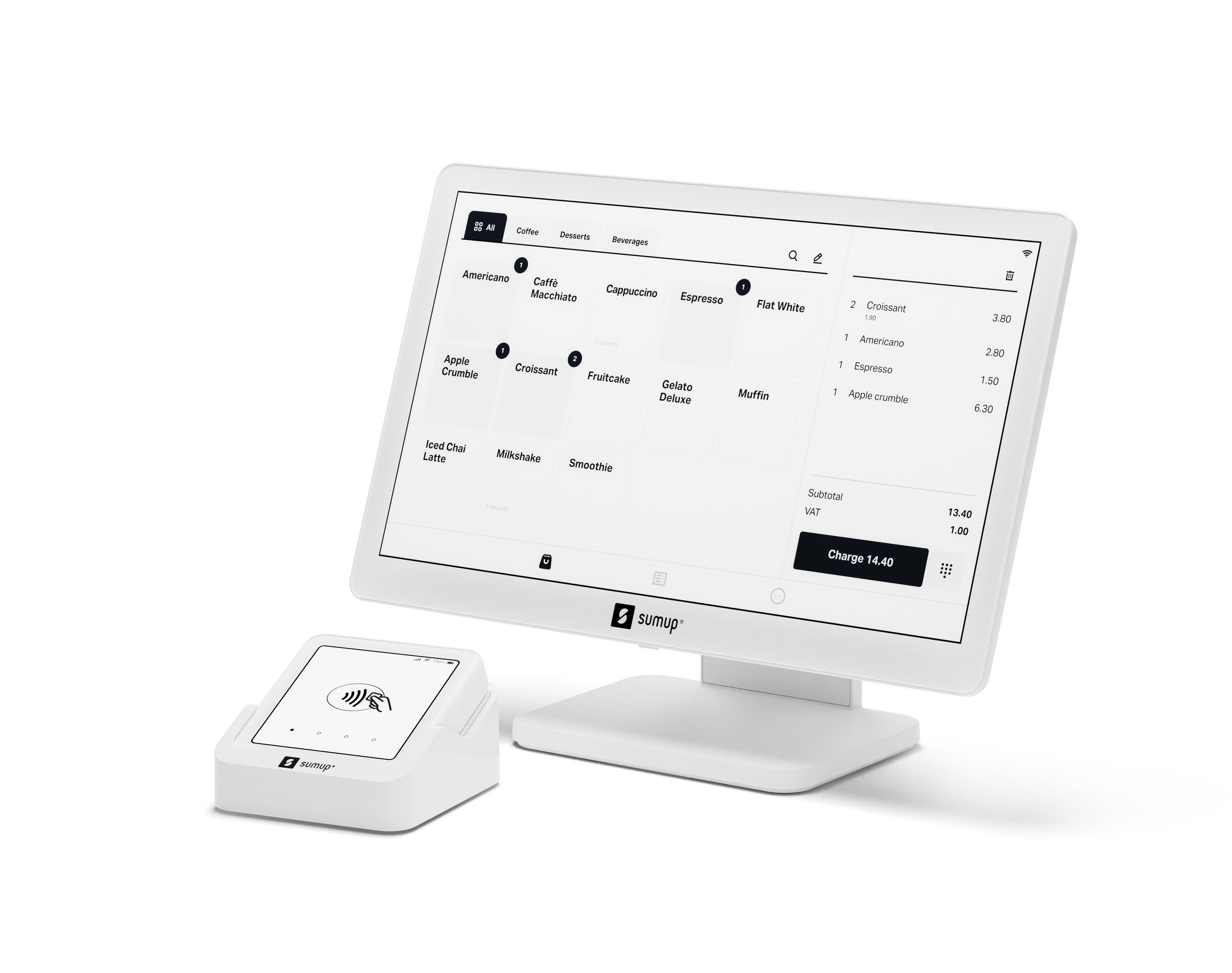 Un sistema de punto de venta blanco con una pantalla que muestra detalles del pedido y un lector de tarjetas.