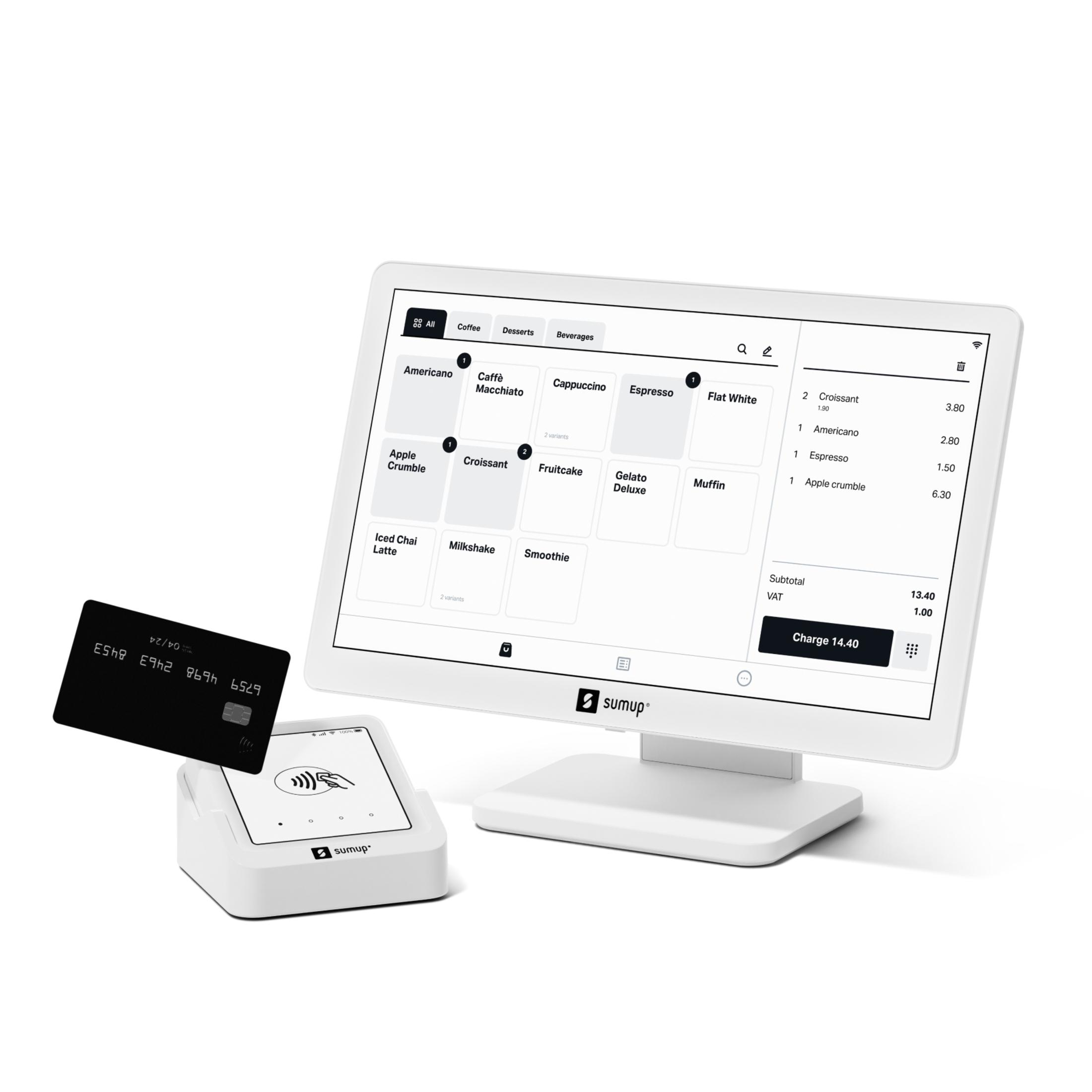 Sistema de punto de venta con pantalla táctil, terminal de pago y tarjeta de crédito.
