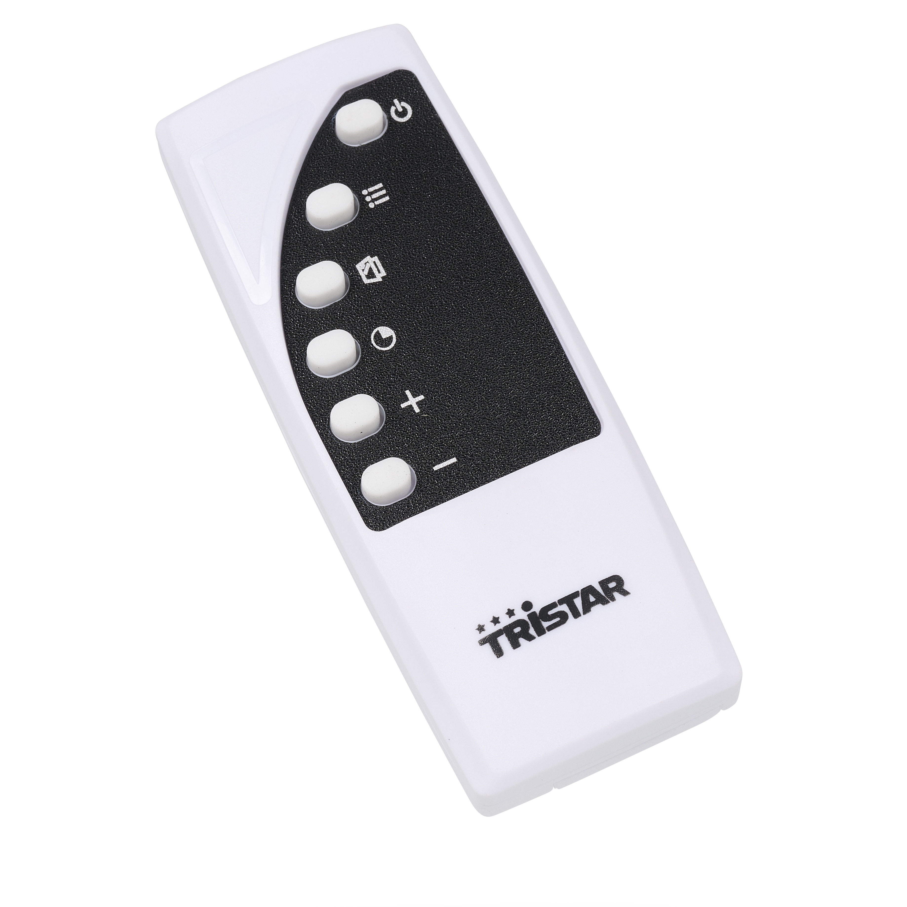 Mando a distancia blanco con botones, incluido el de encendido, sobre fondo blanco.