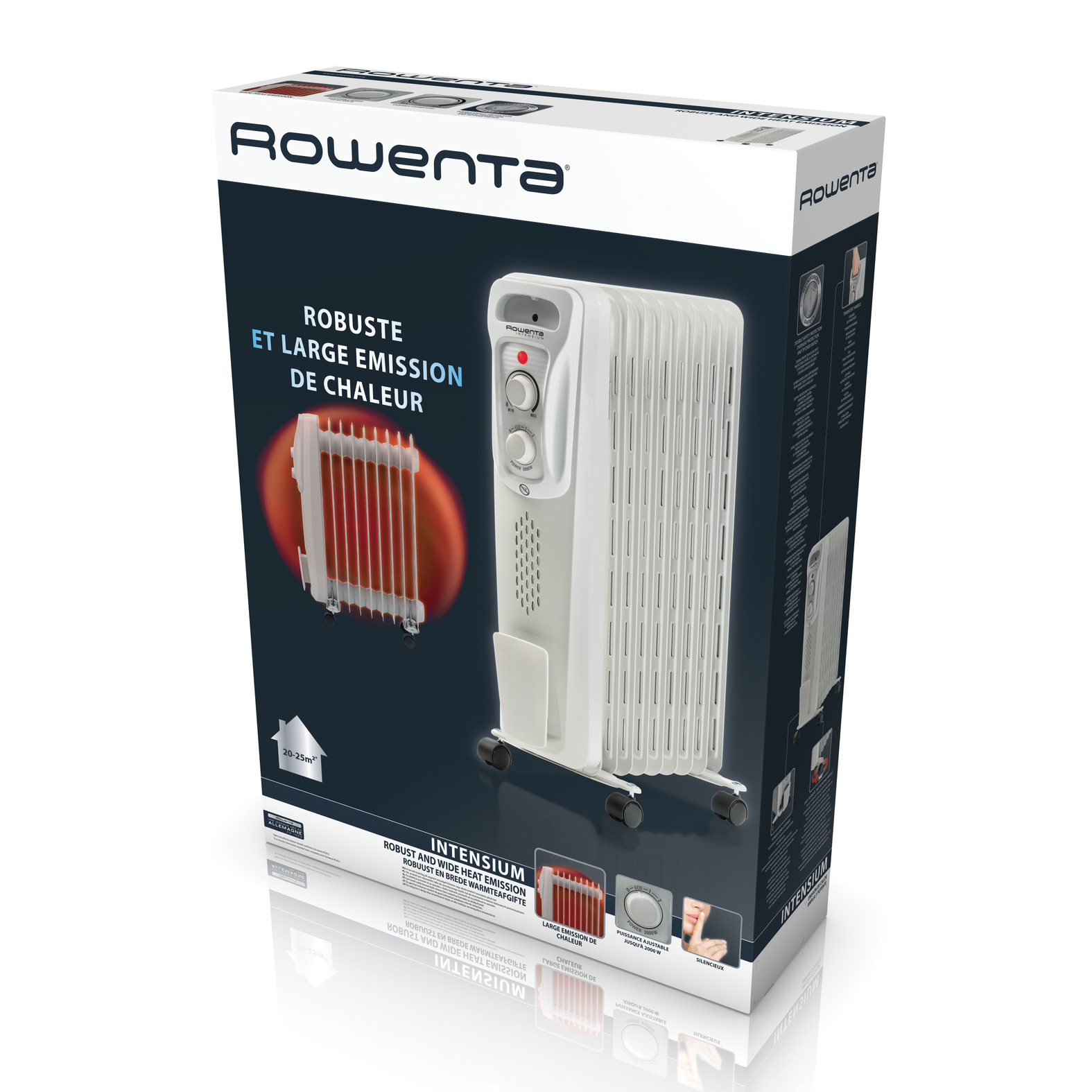 Radiatore a olio Rowenta in scatola, vista angolata, sfondo bianco.
