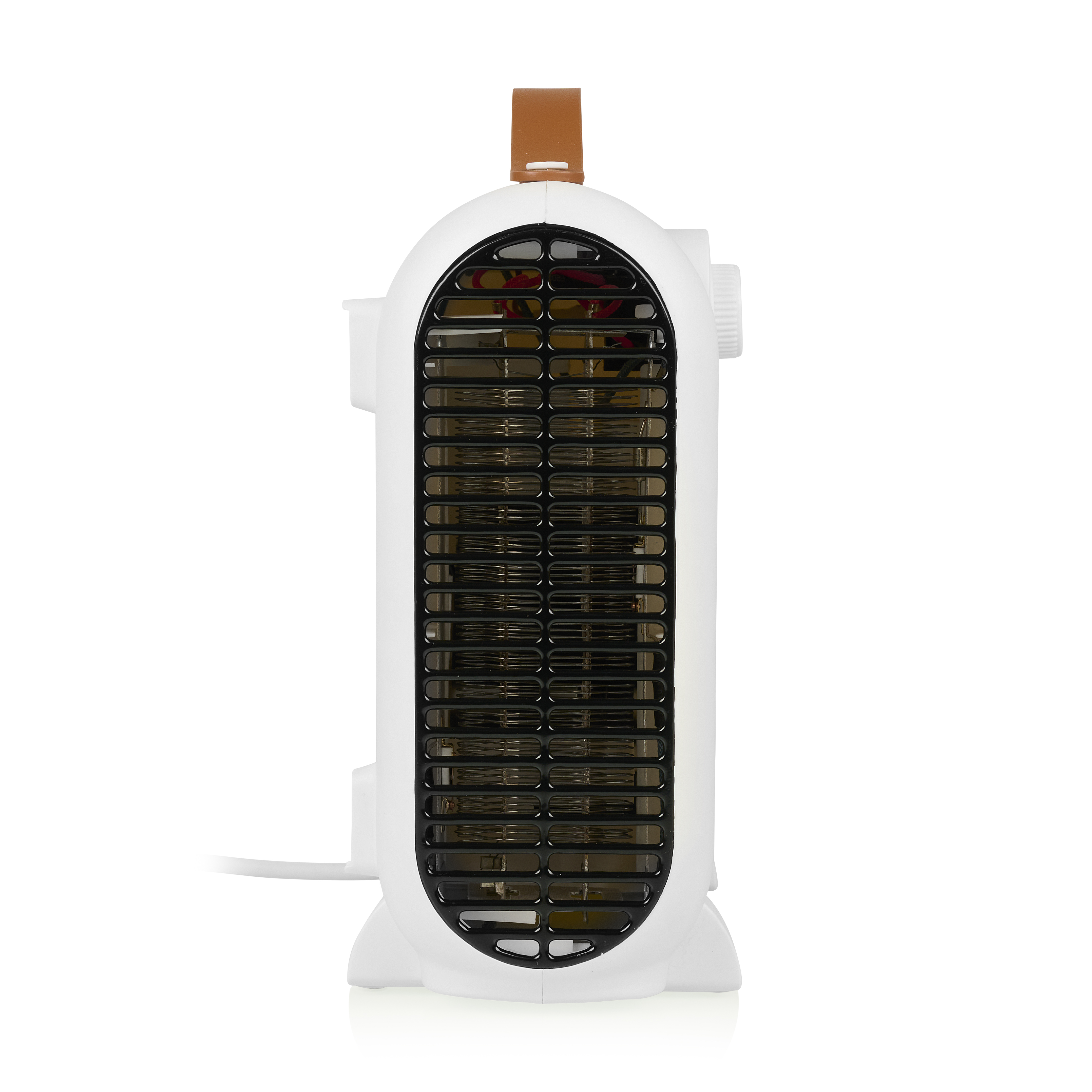 Biały, pionowy grzejnik elektryczny. Ma czarną kratkę i brązowy uchwyt na górze.