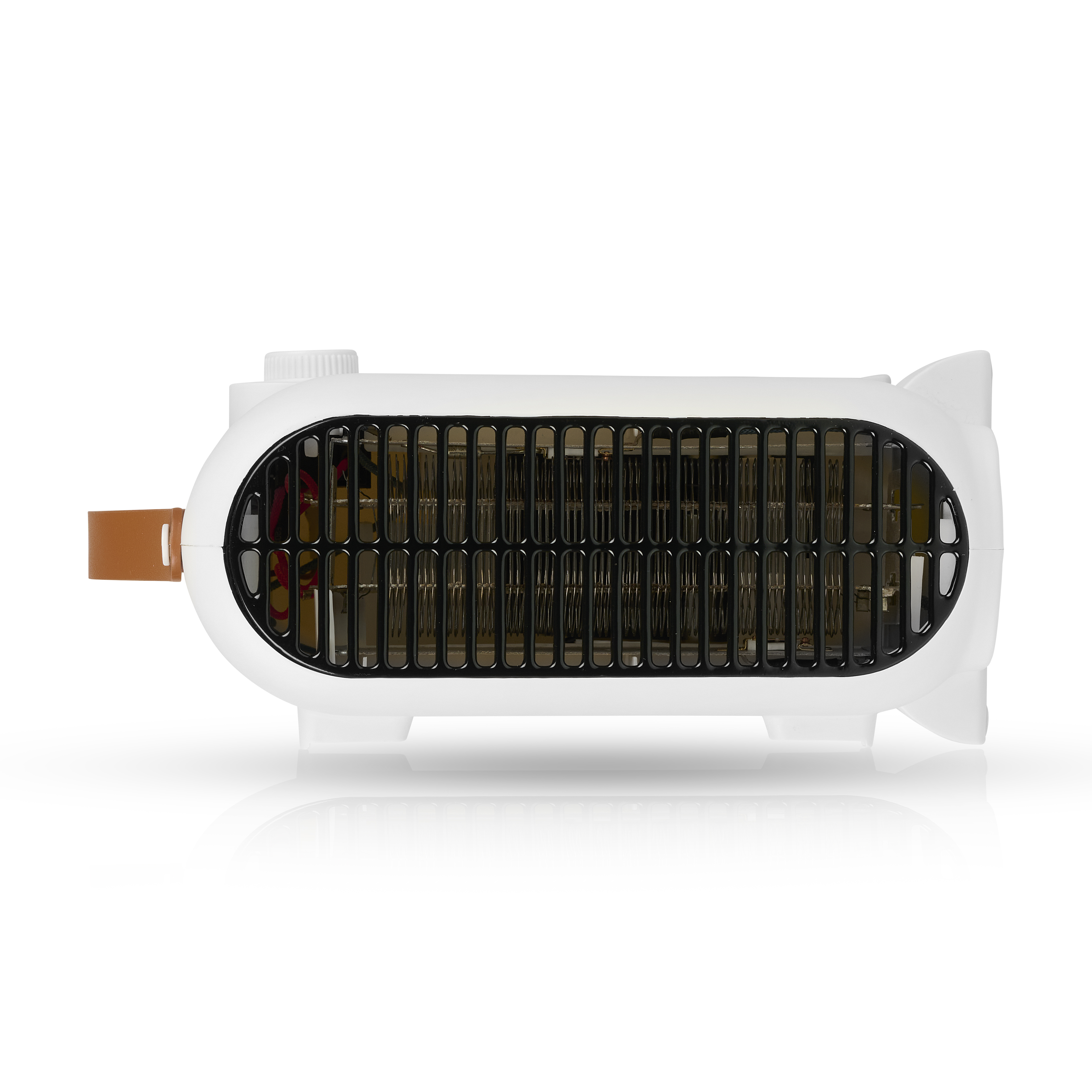 Biało-czarny grzejnik elektryczny z brązowym uchwytem, na białym tle.