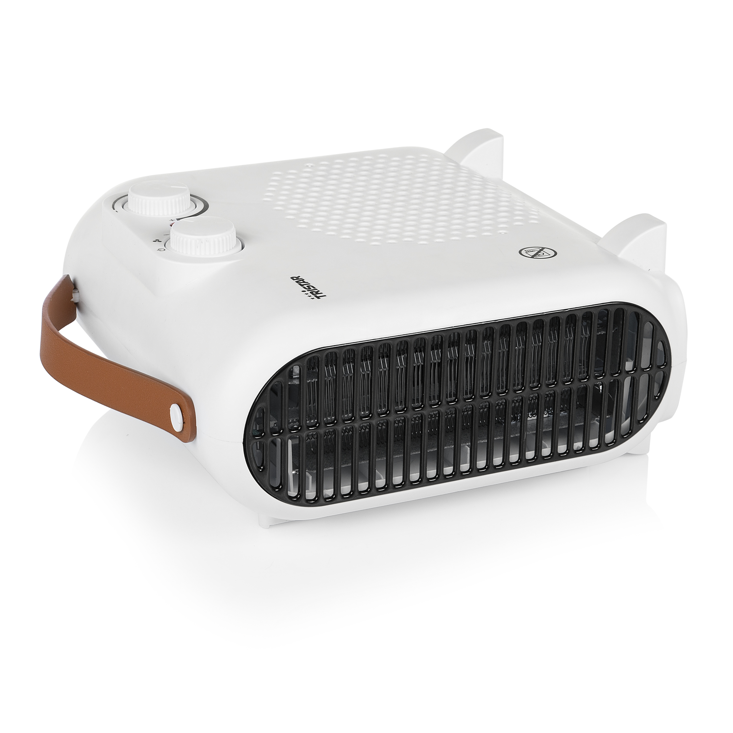 Biały grzejnik elektryczny z brązowym uchwytem i czarną kratką. Dwa pokrętła.