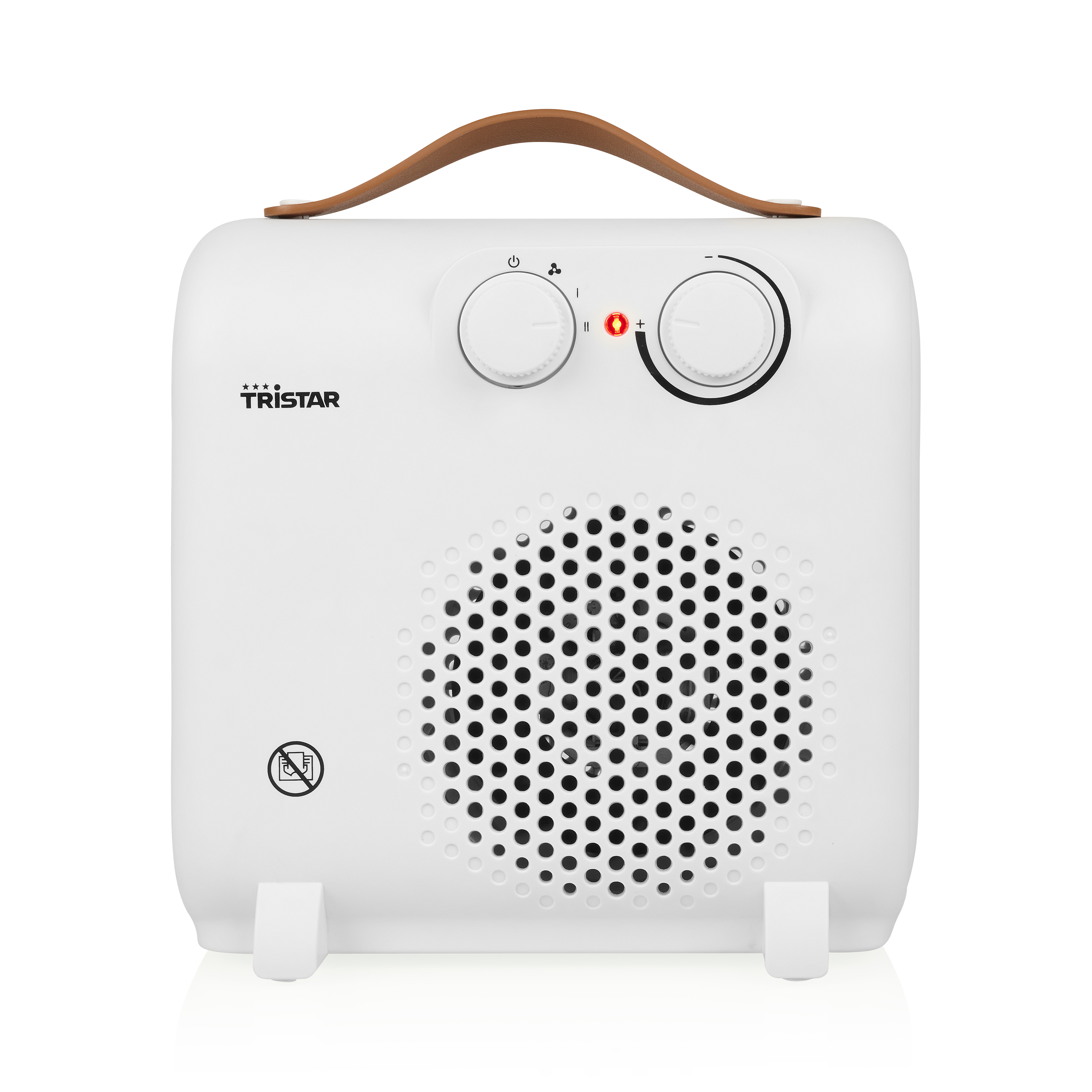 Biały grzejnik Tristar, widok z przodu, z kontrolkami, uchwytem i grillem. Białe tło.