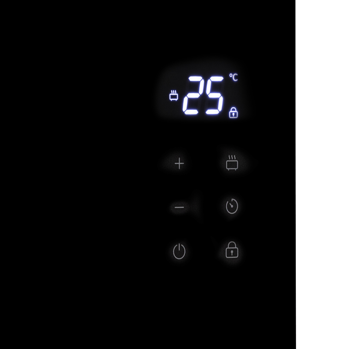 Schwarzes Bedienfeld mit Digitalanzeige, Temperatur in Celsius.
