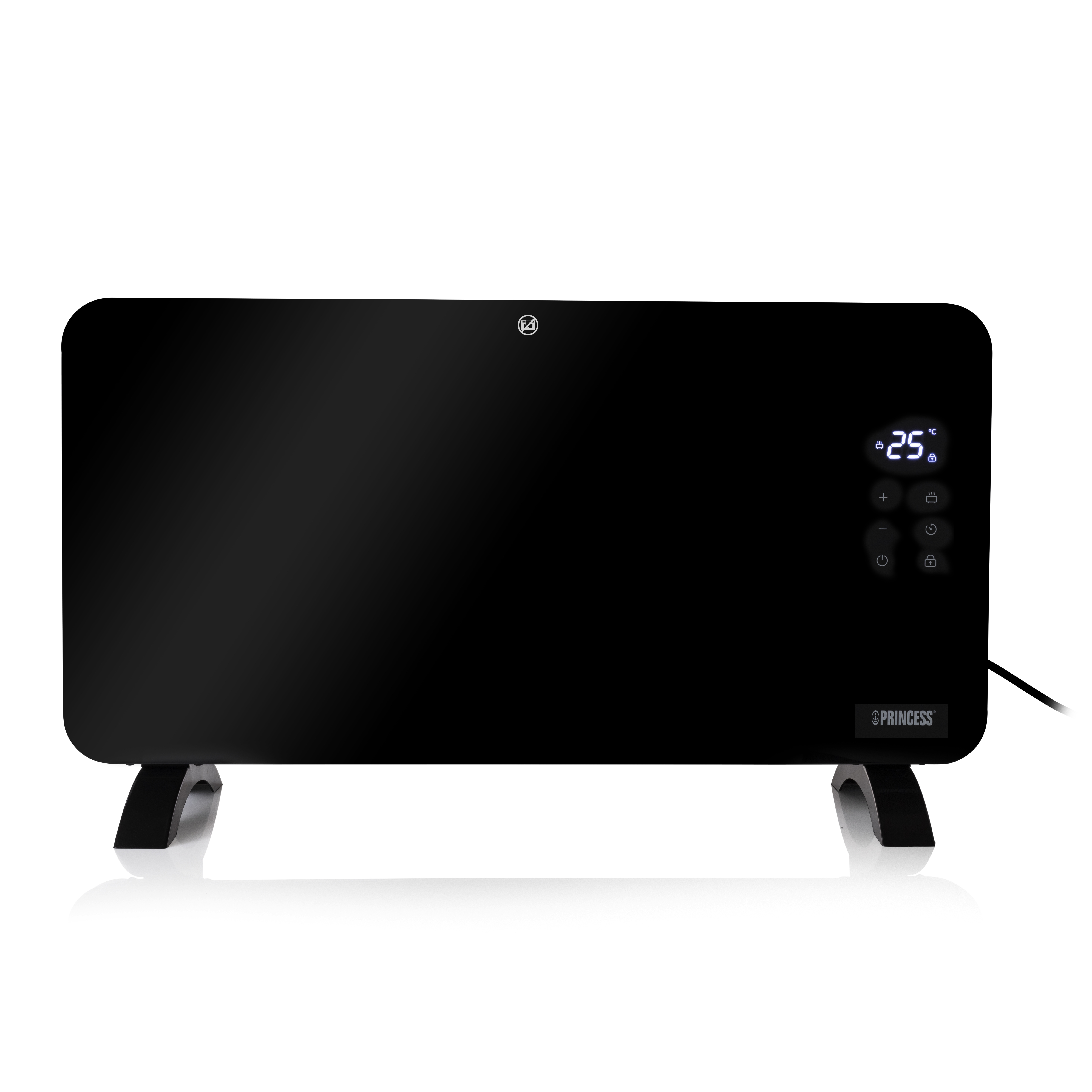 Schwarze Elektroheizung. Digitalanzeige zeigt 25 Grad. Bedienelemente rechts. Schwarze Beine.