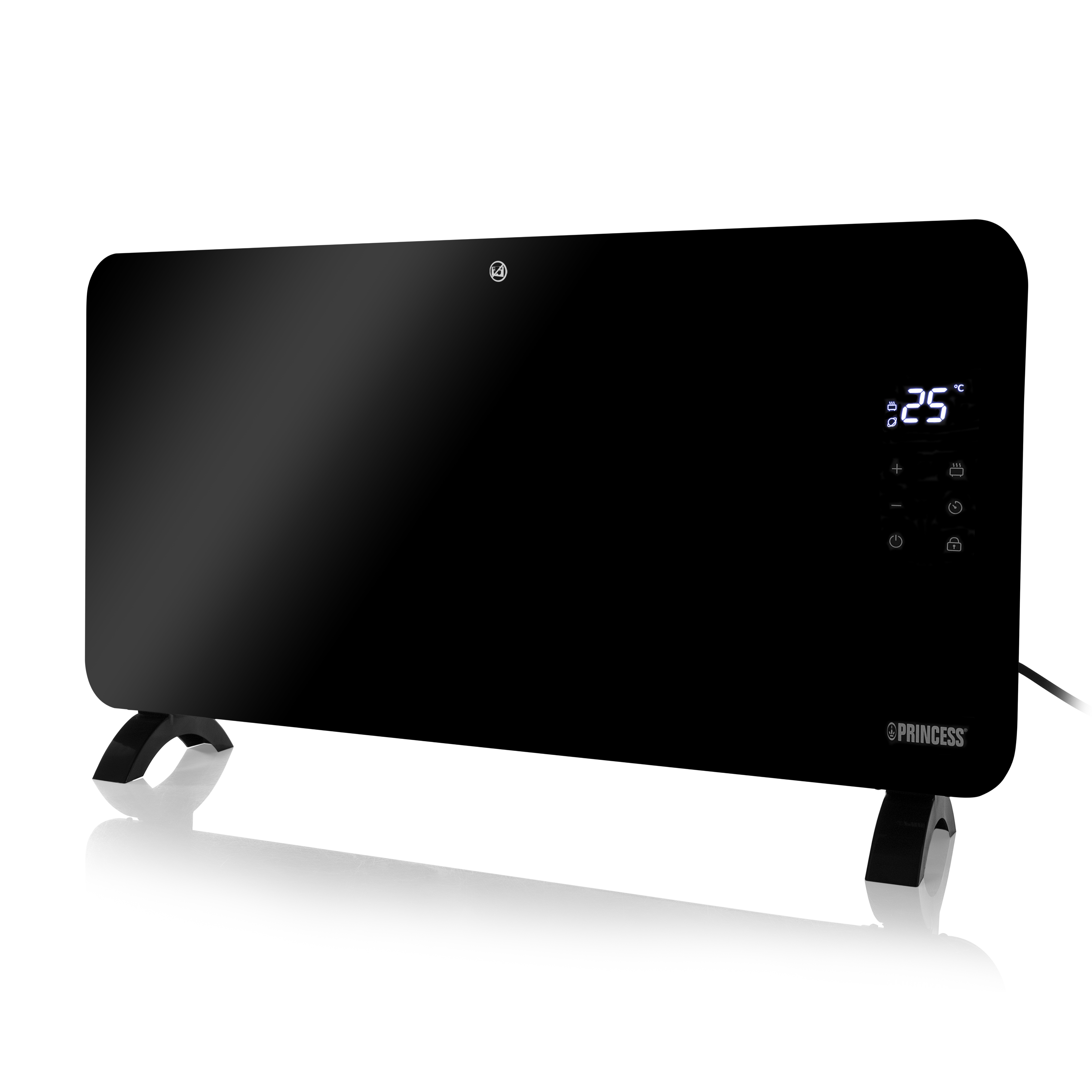 Schwarzer Elektroheizer mit Digitalanzeige, die 25 Grad anzeigt. Er hat ein Princess-Logo.