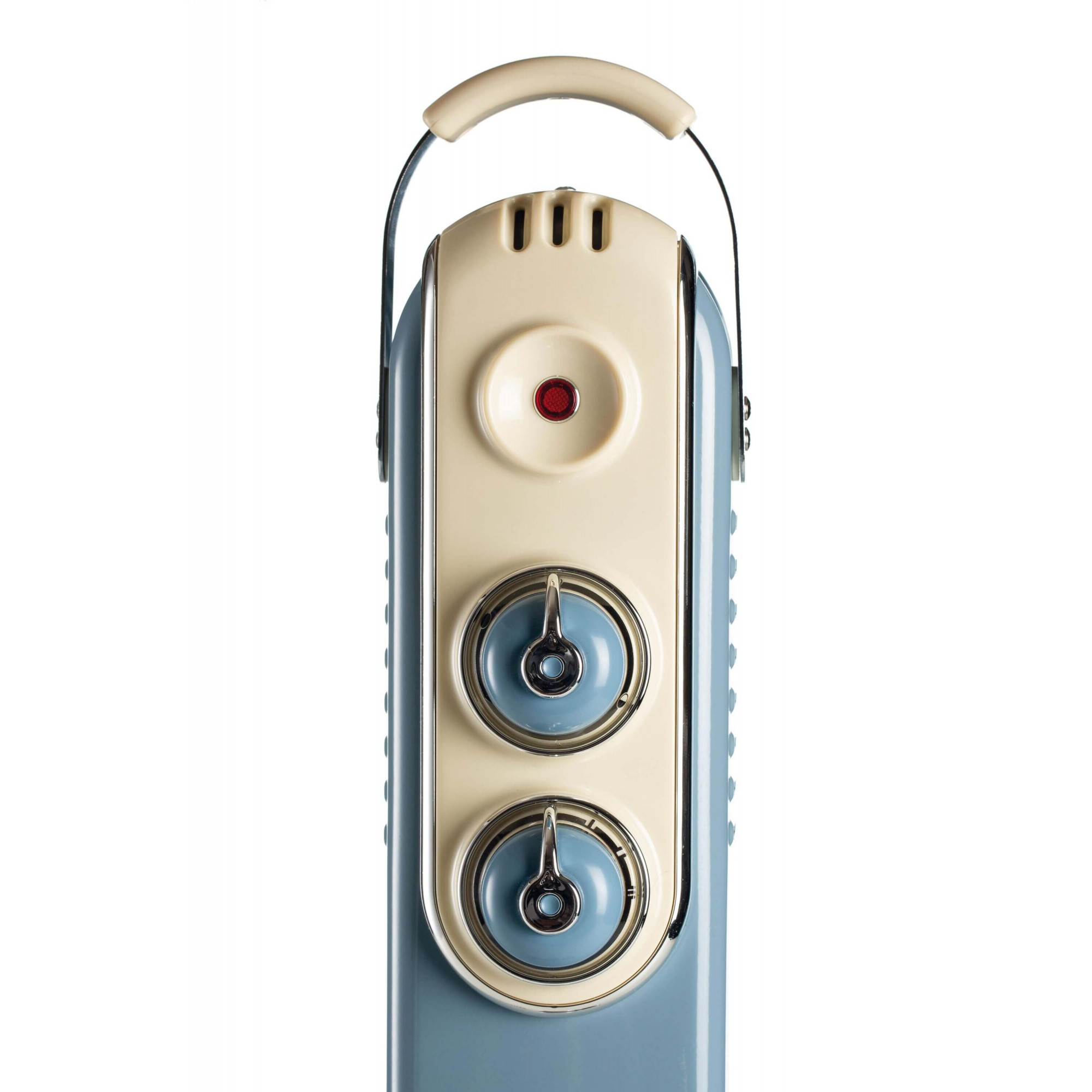 Oczyszczacz powietrza w stylu retro z kremowo-niebieską kolorystyką, uchwytem i dwoma pokrętłami na białym tle.