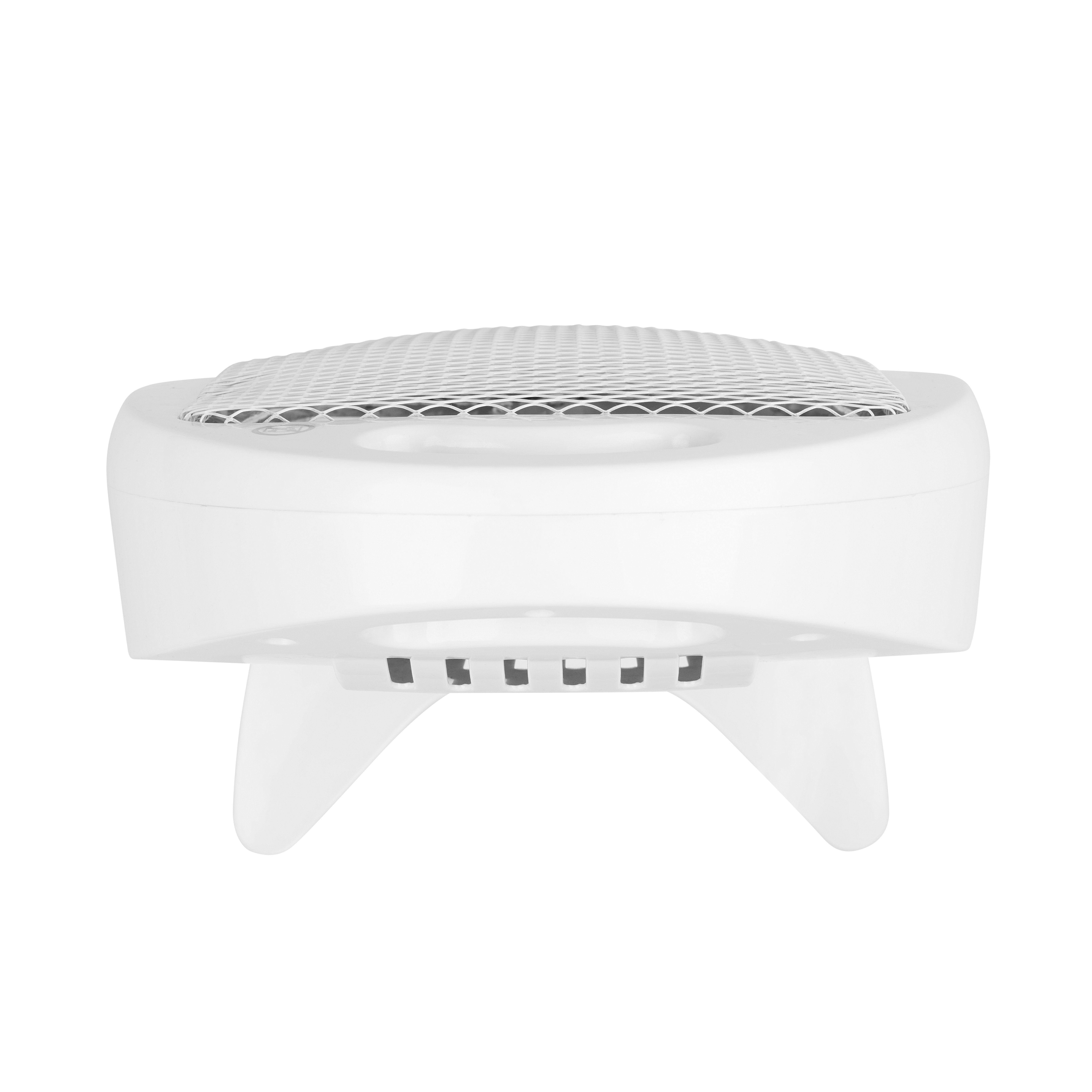 Biały pochłaniacz pyłu do paznokci z kratką na górze i małymi nóżkami.