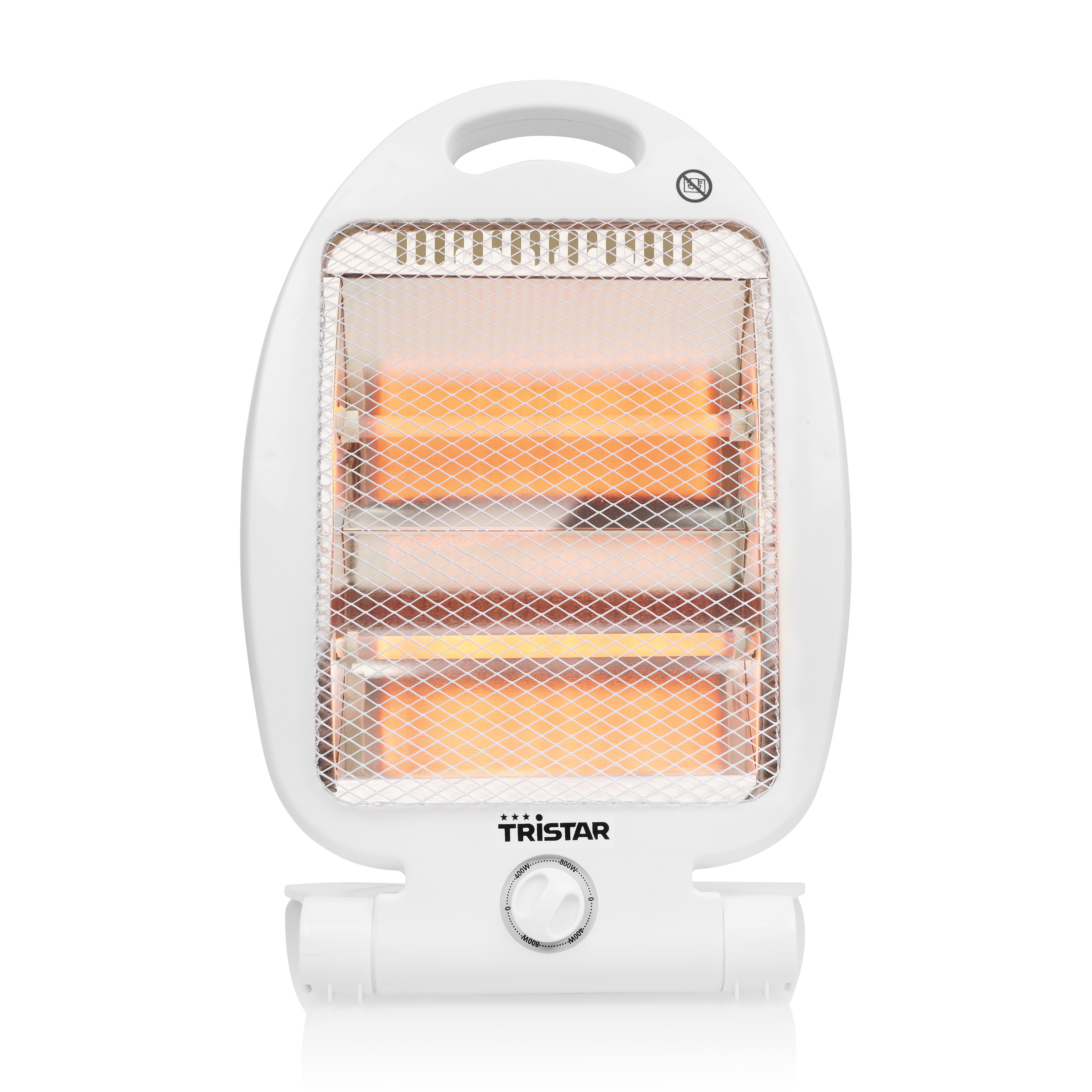 Biały grzejnik elektryczny Tristar, widok z przodu na białym tle.