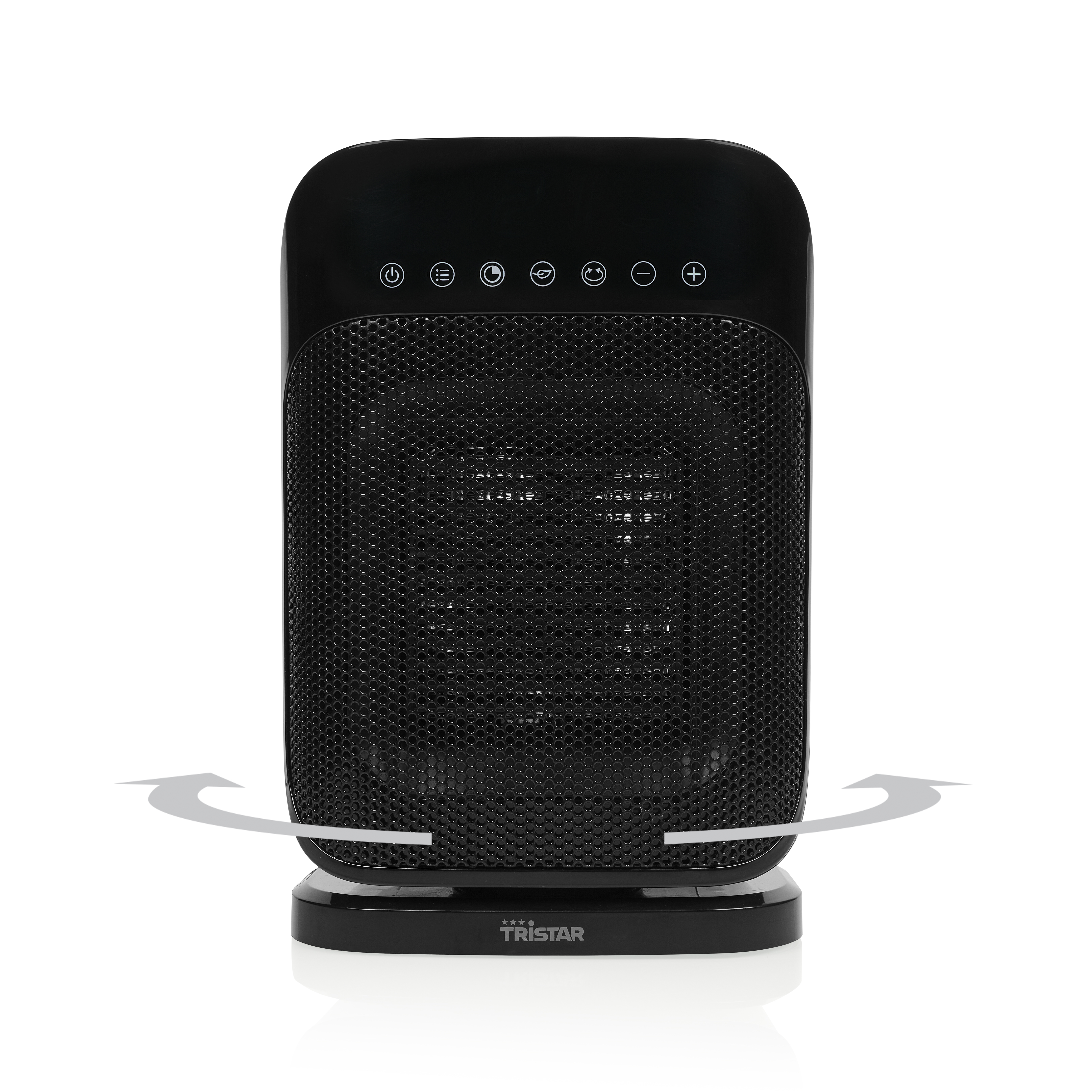 Czarny grzejnik przestrzenny z elementami sterującymi. Obrotowe strzałki na podstawie. Białe tło.