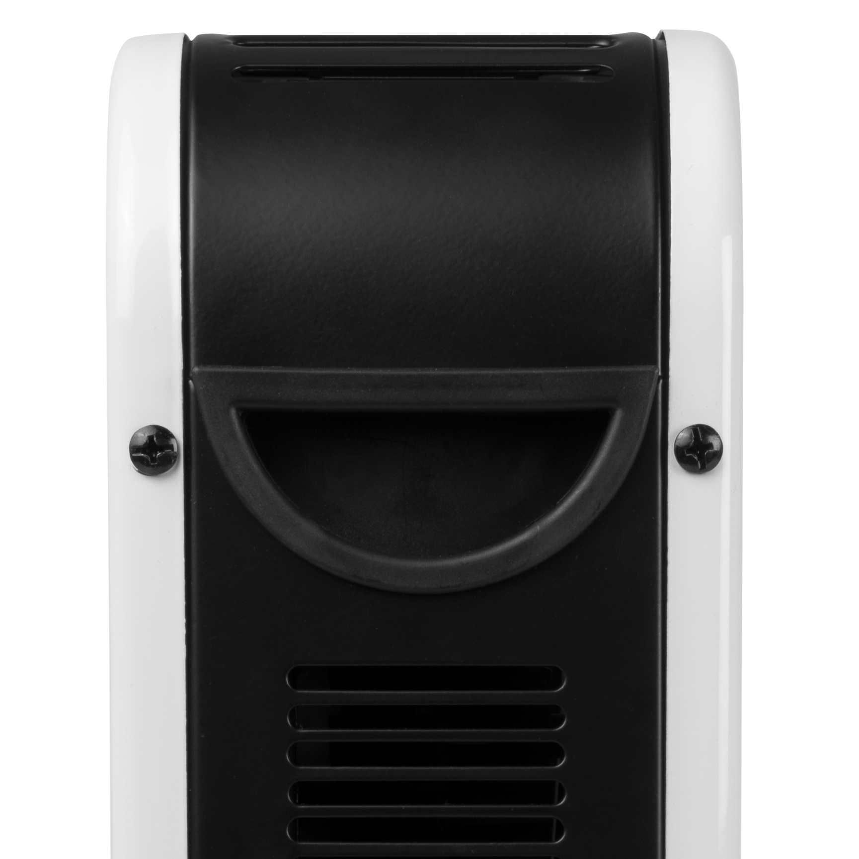 Primo piano di un riscaldatore bianco e nero. Il retro ha una maniglia e fessure.