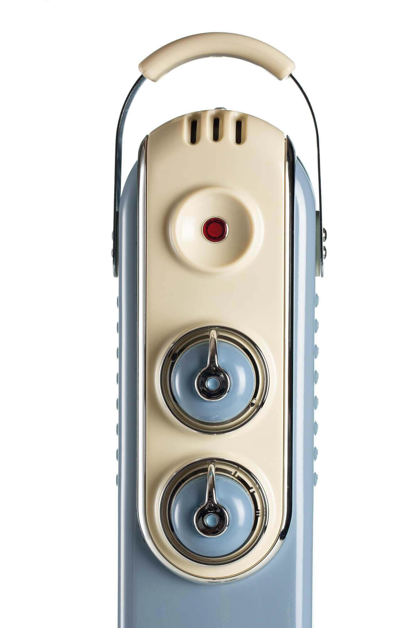 Een verticale retro radio met twee knoppen en een handvat.