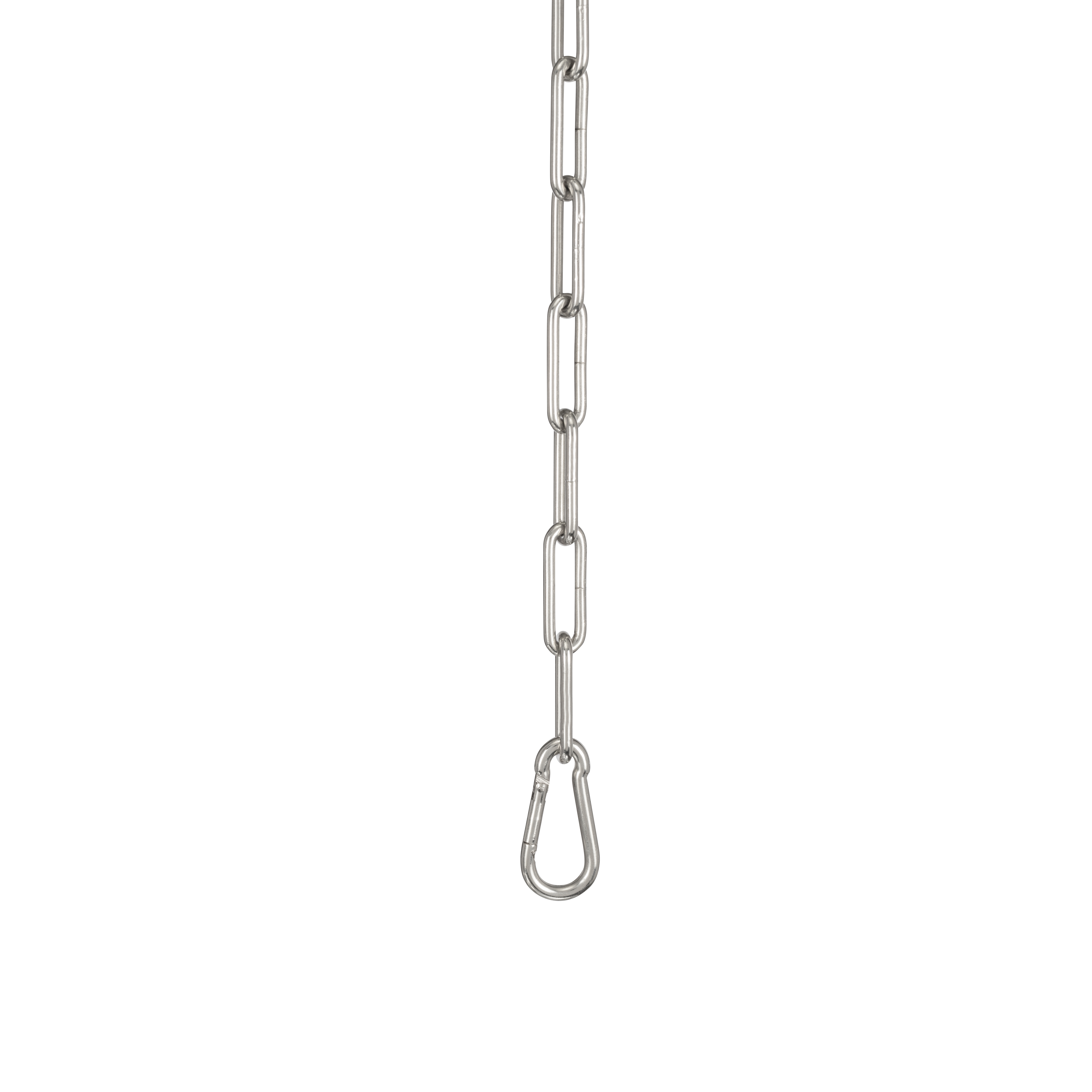 Eine silberne Kette mit ovalen Gliedern und einem metallischen Verschluss am unteren Ende, vertikal hängend.