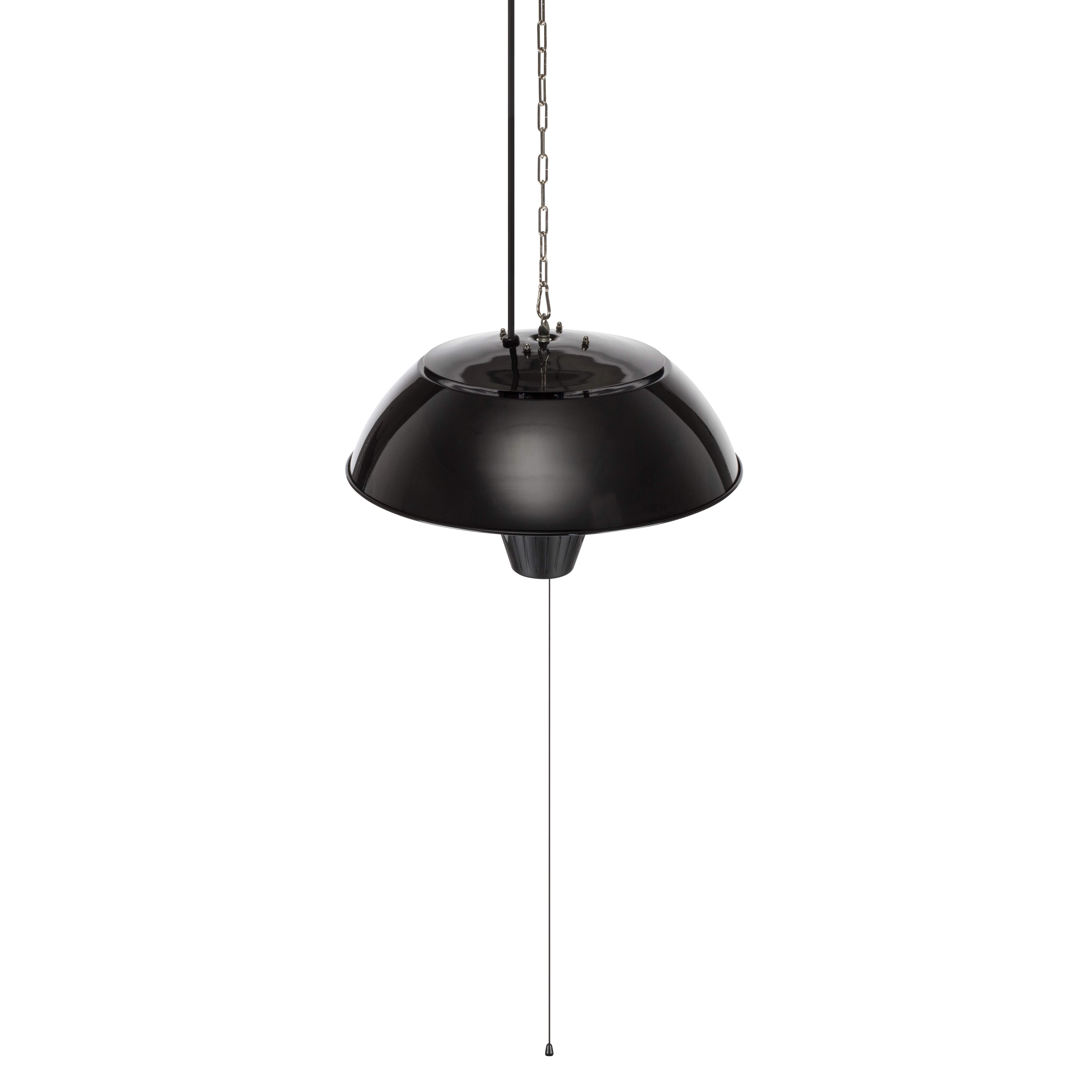 Schwarze Pendelleuchte mit Kette. Die Lampe hat eine abgerundete Form und hängt an einer Kette auf weißem Hintergrund.