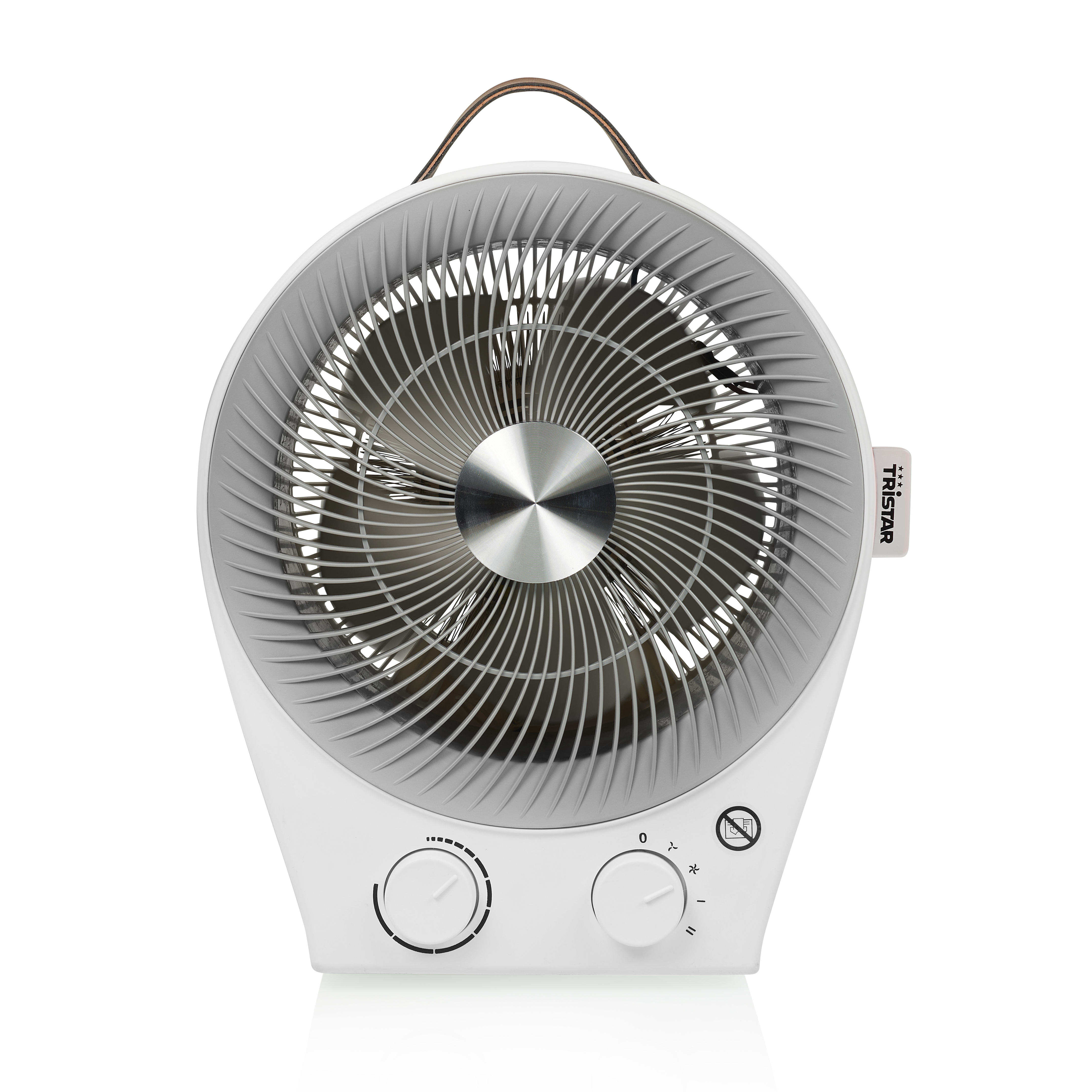 Biało-szary wentylator z uchwytem, okrągłą konstrukcją i dwoma pokrętłami sterowania, na białej powierzchni.