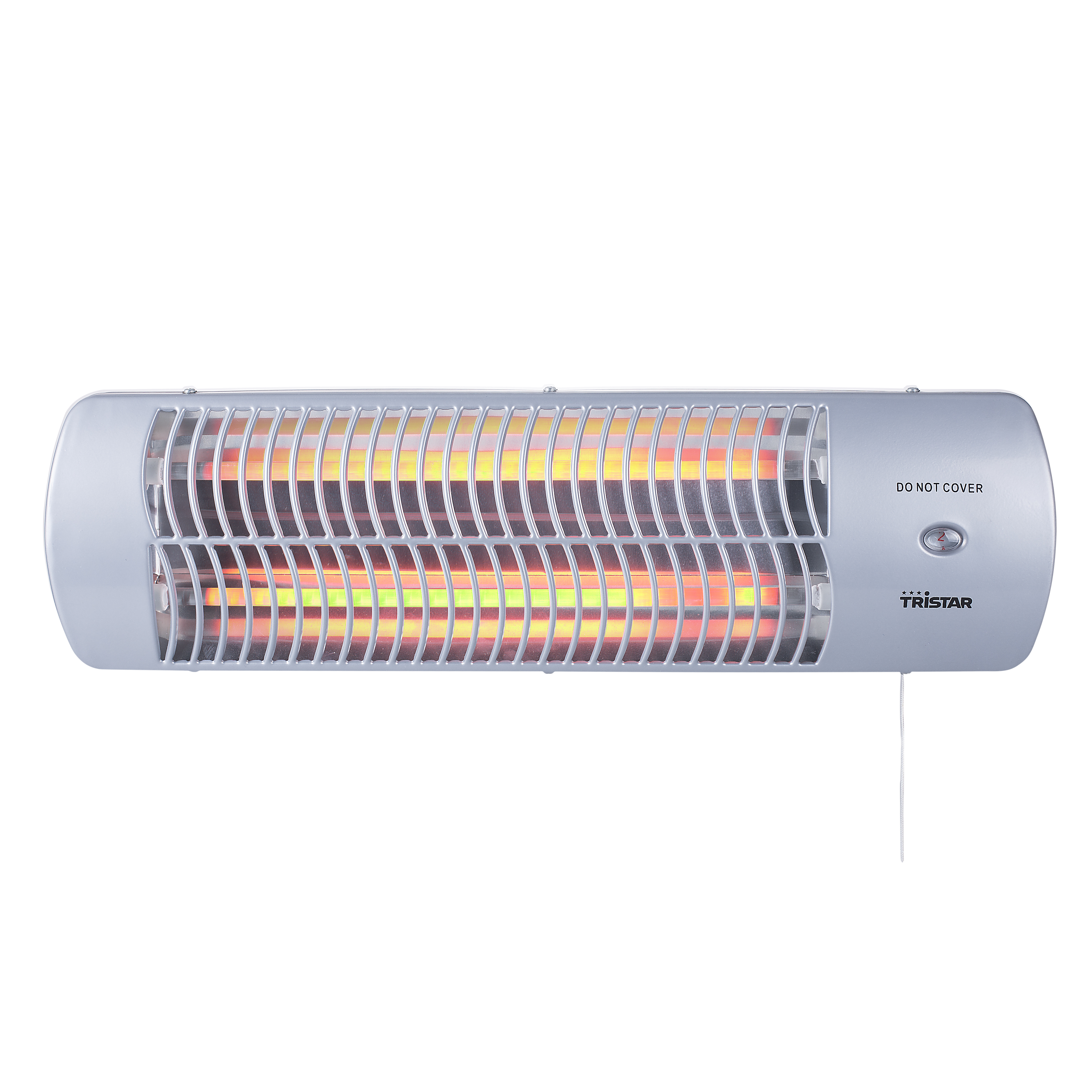 Een zilveren Tristar elektrische kachel met rood gloeiende elementen en de tekst "DO NOT COVER".