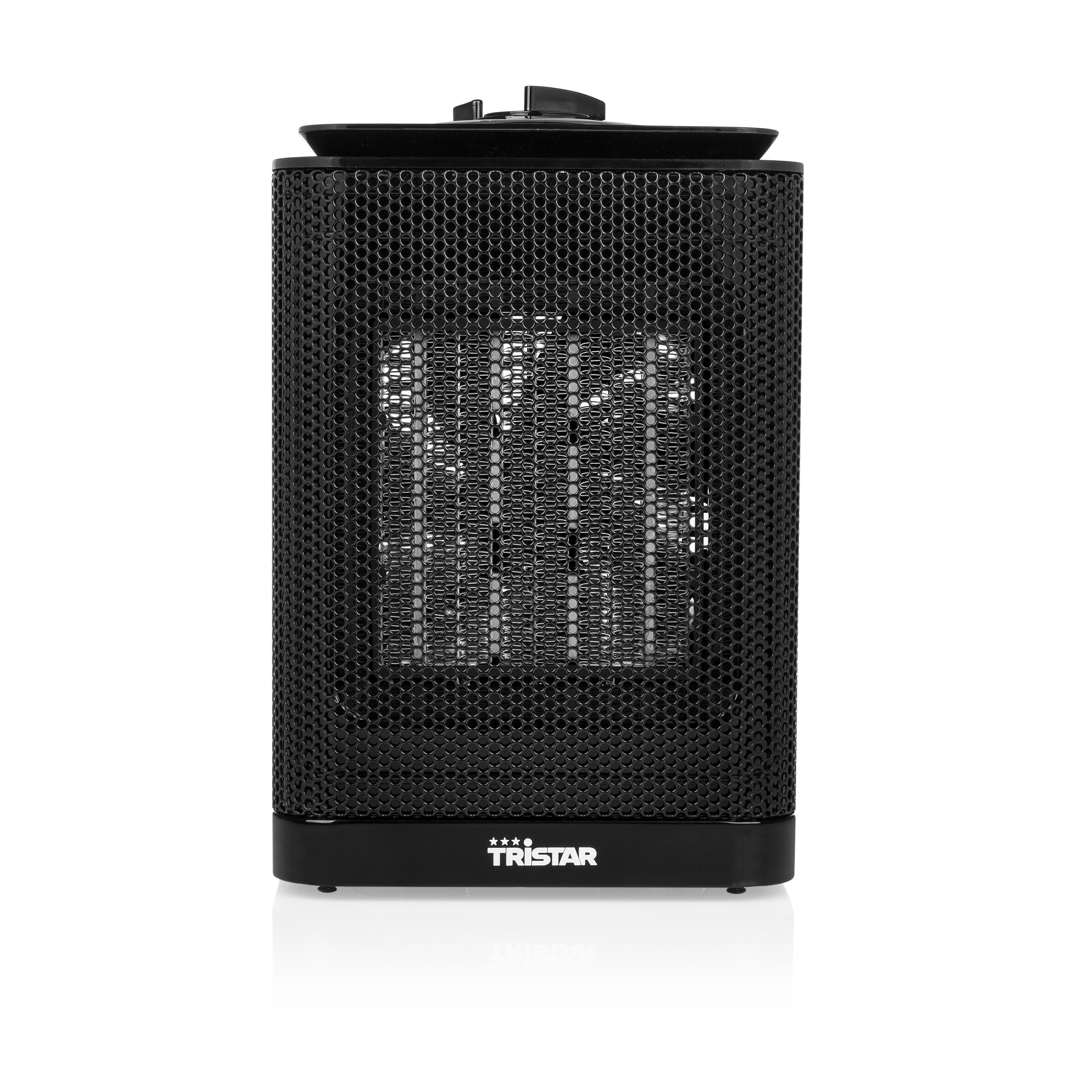 Calentador eléctrico Tristar negro, frontal de malla, sobre fondo blanco. Asa superior.