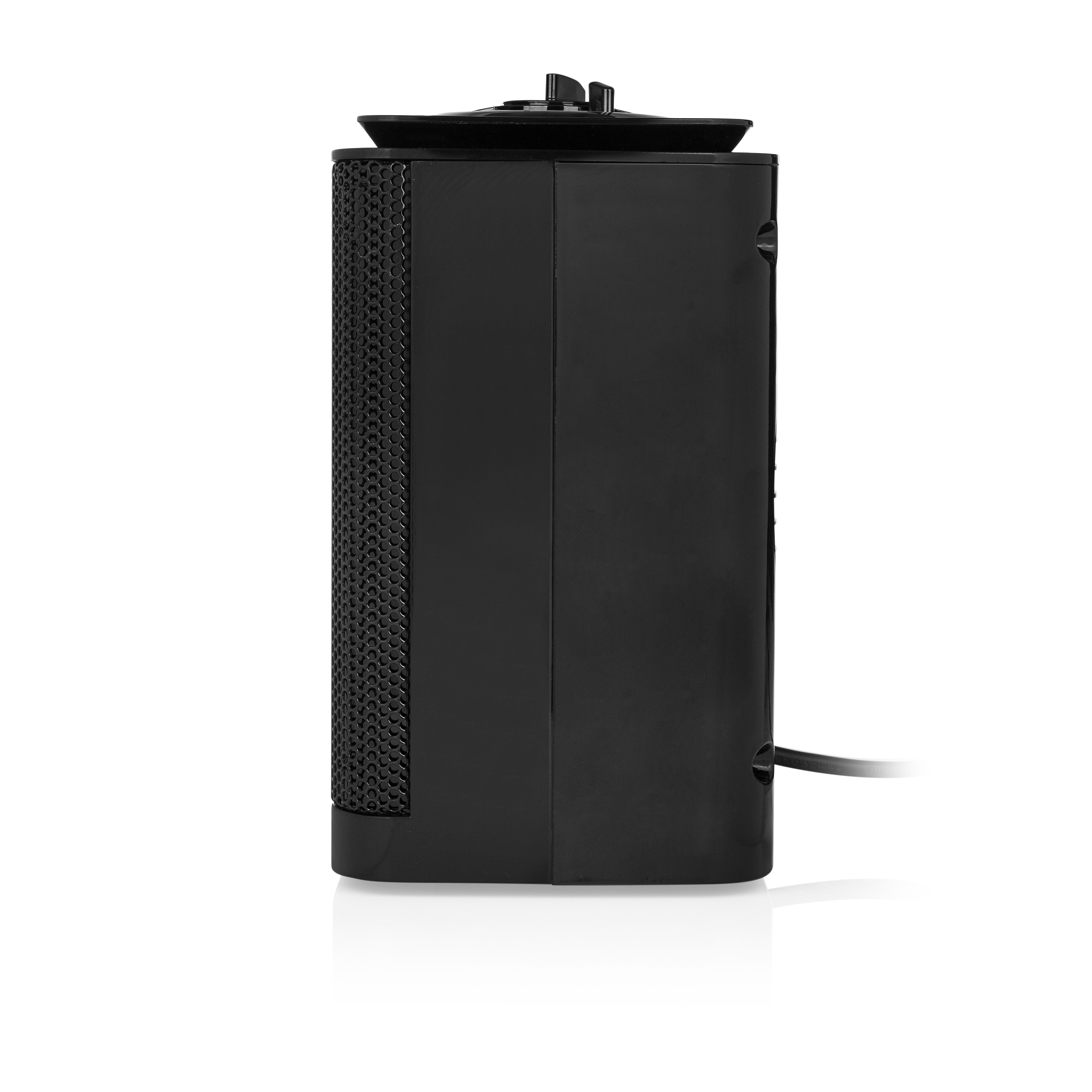 Calentador eléctrico negro, vista lateral, sobre una superficie blanca, con cable de alimentación.