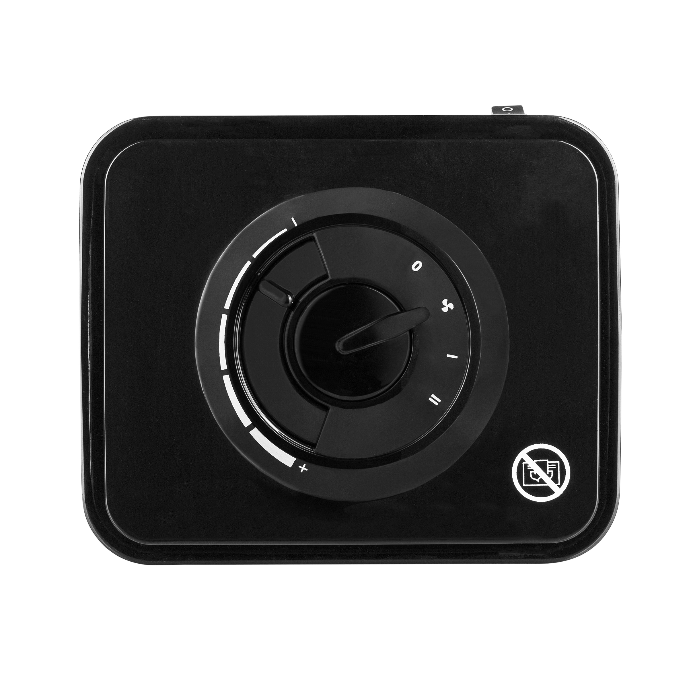 Panel de control negro, cuadrado, con dial, fondo negro.