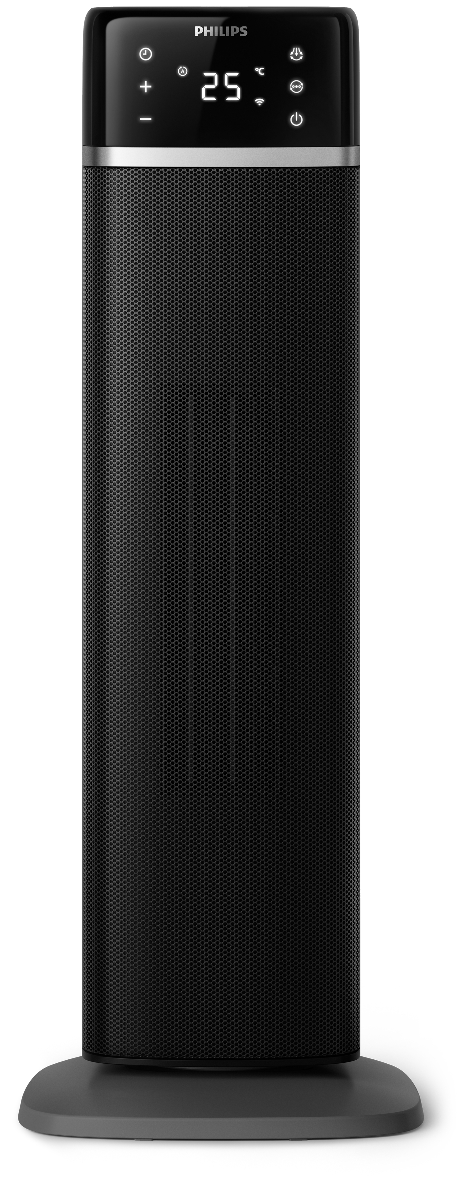 Un calefactor Philips negro y cilíndrico con pantalla digital, sobre una base gris sobre fondo blanco.