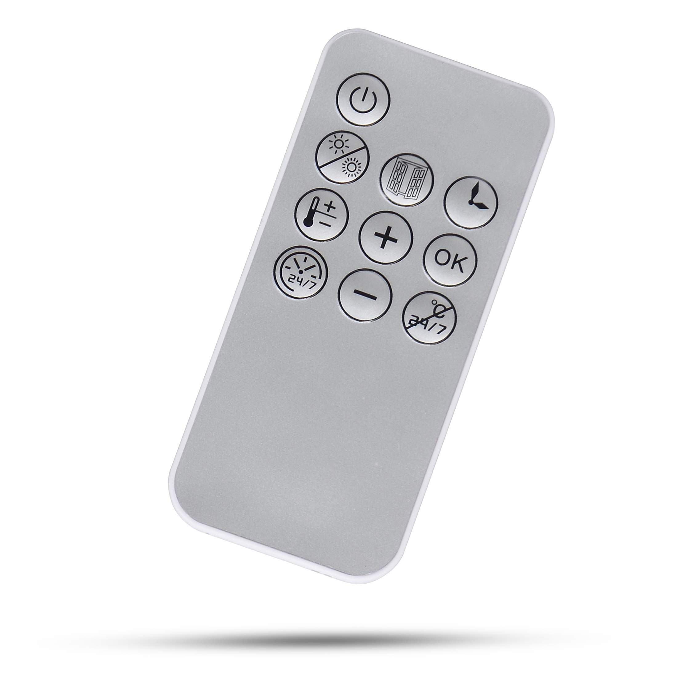 A silver remote control with many buttons, including power, volume, and temperature controls, on a white background.
