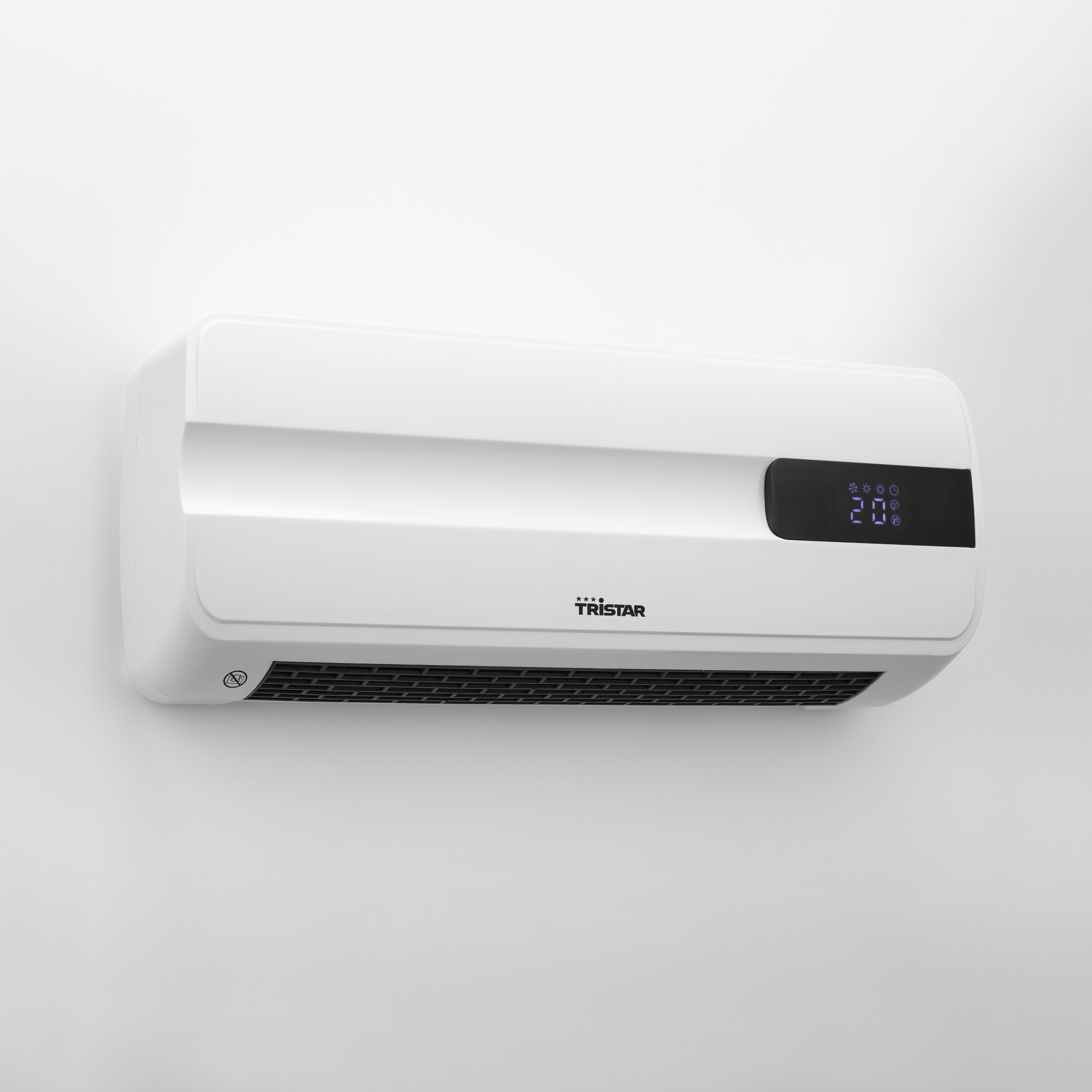 A white Tristar wall-mounted heater. It has a digital display and vents on the bottom.