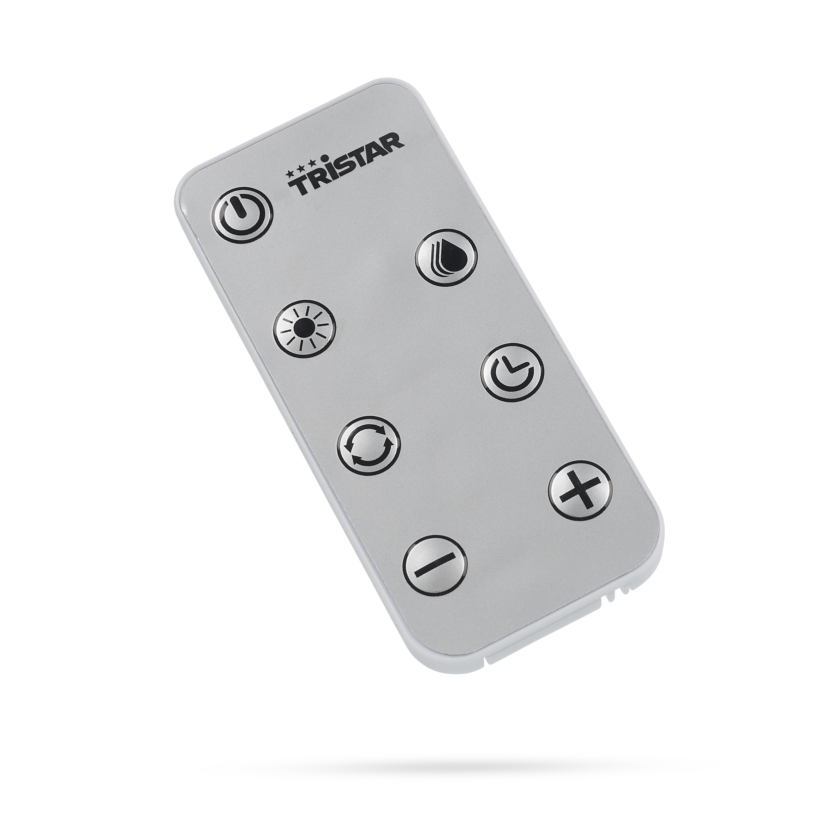 Zilveren Tristar afstandsbediening met knoppen voor stroom, licht en andere instellingen.
