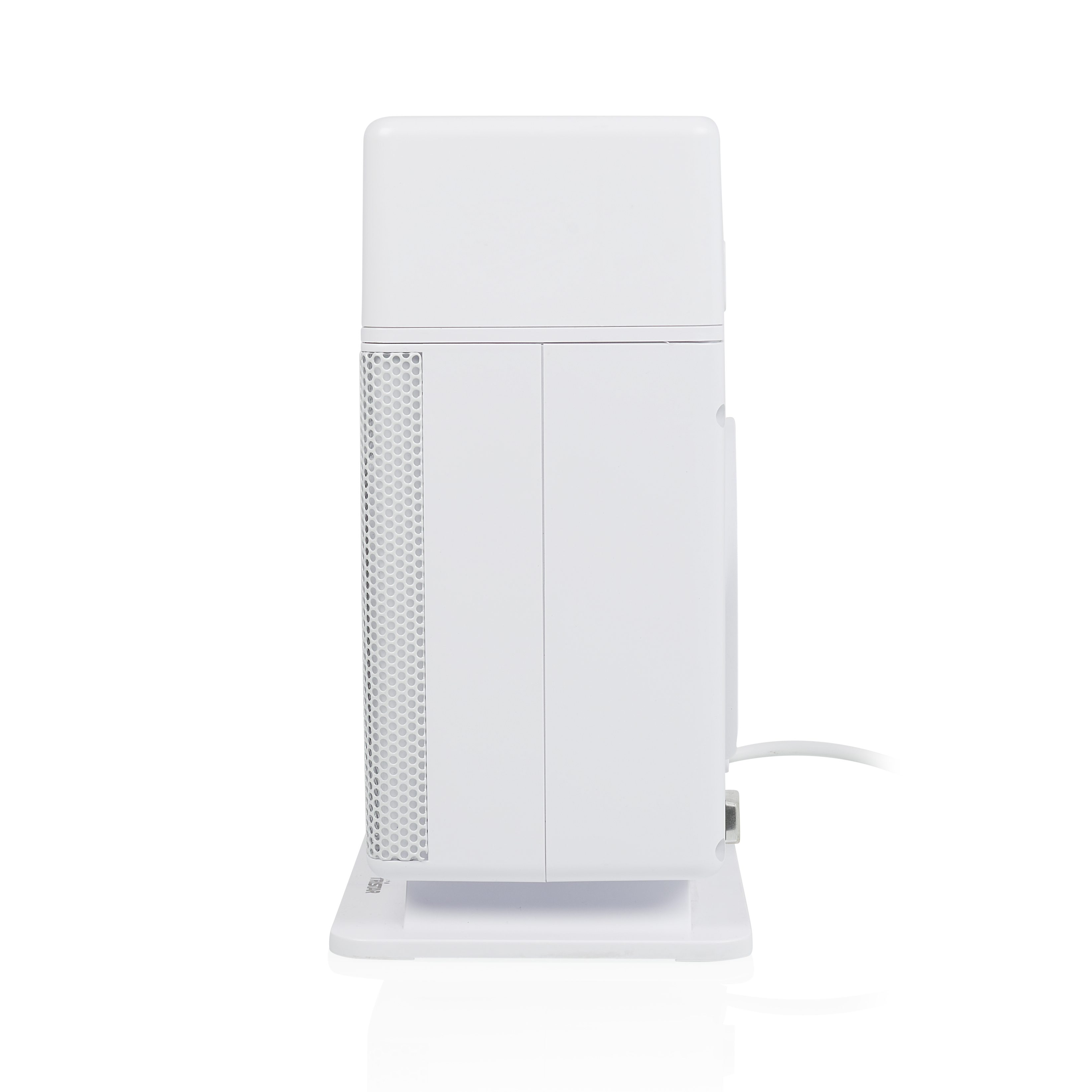 Witte luchtreiniger, zijaanzicht, met een gaasontwerp en een witte basis.