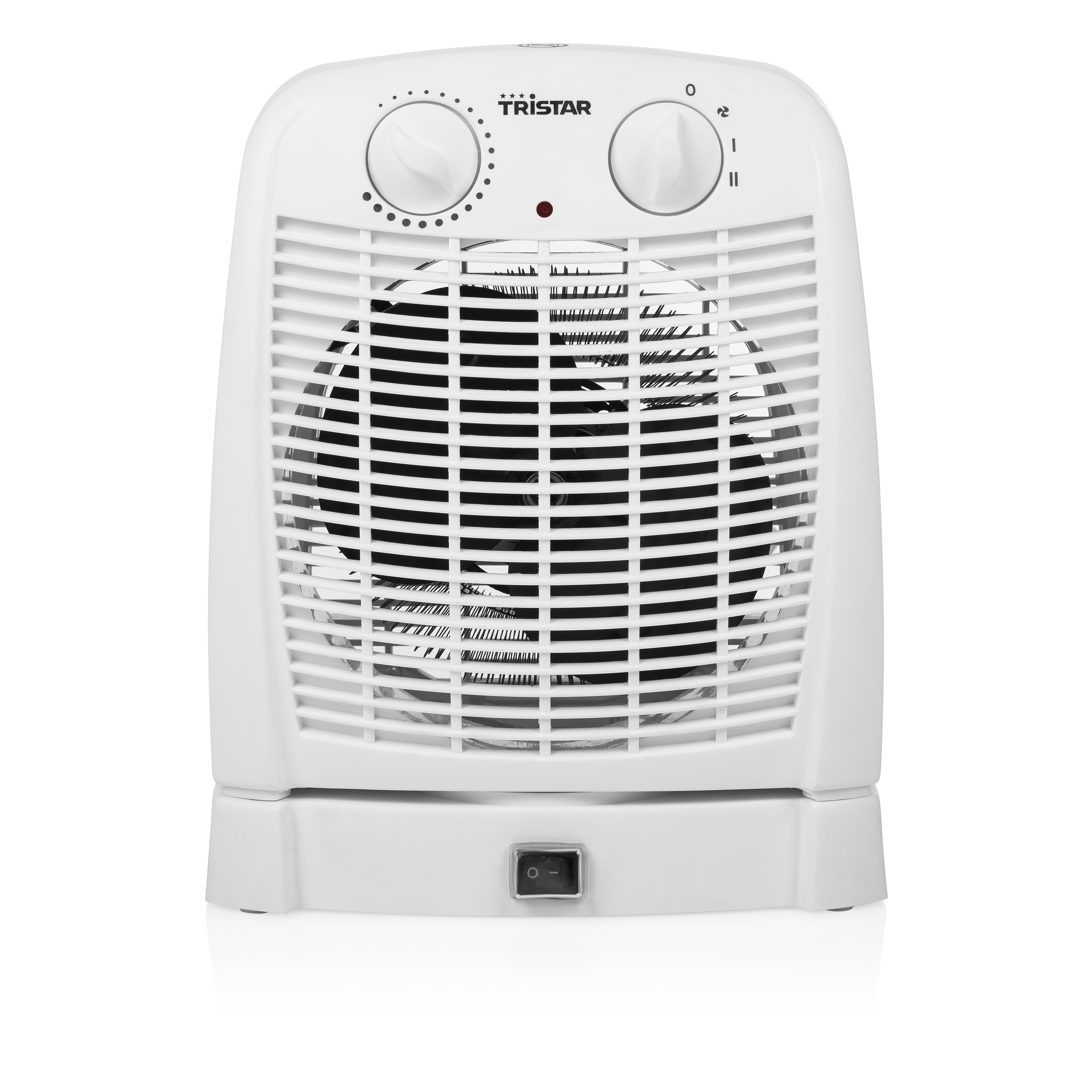 Termoventilatore elettrico bianco con comandi e interruttore, su una superficie bianca.