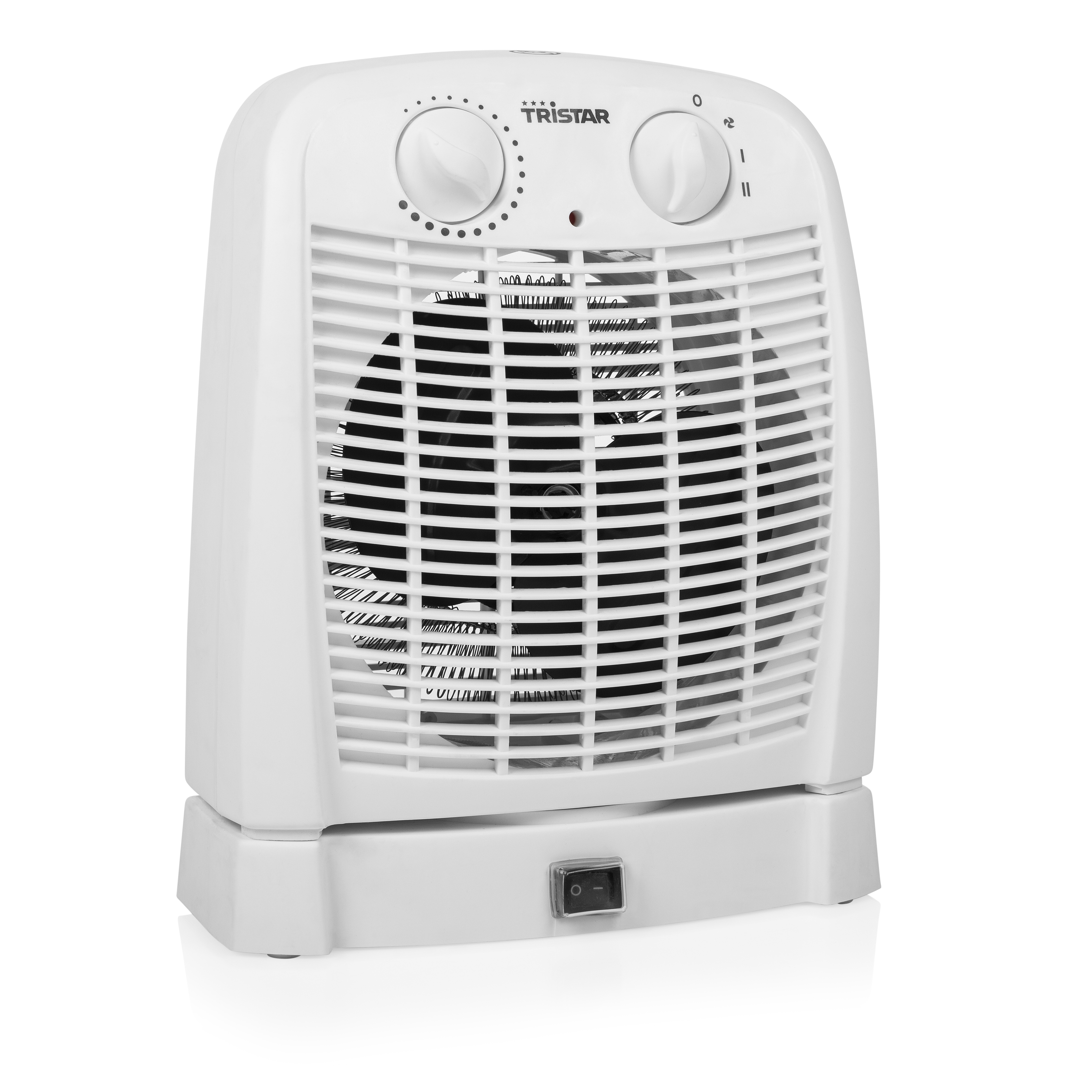 Termoventilatore Tristar bianco con due manopole e interruttore.