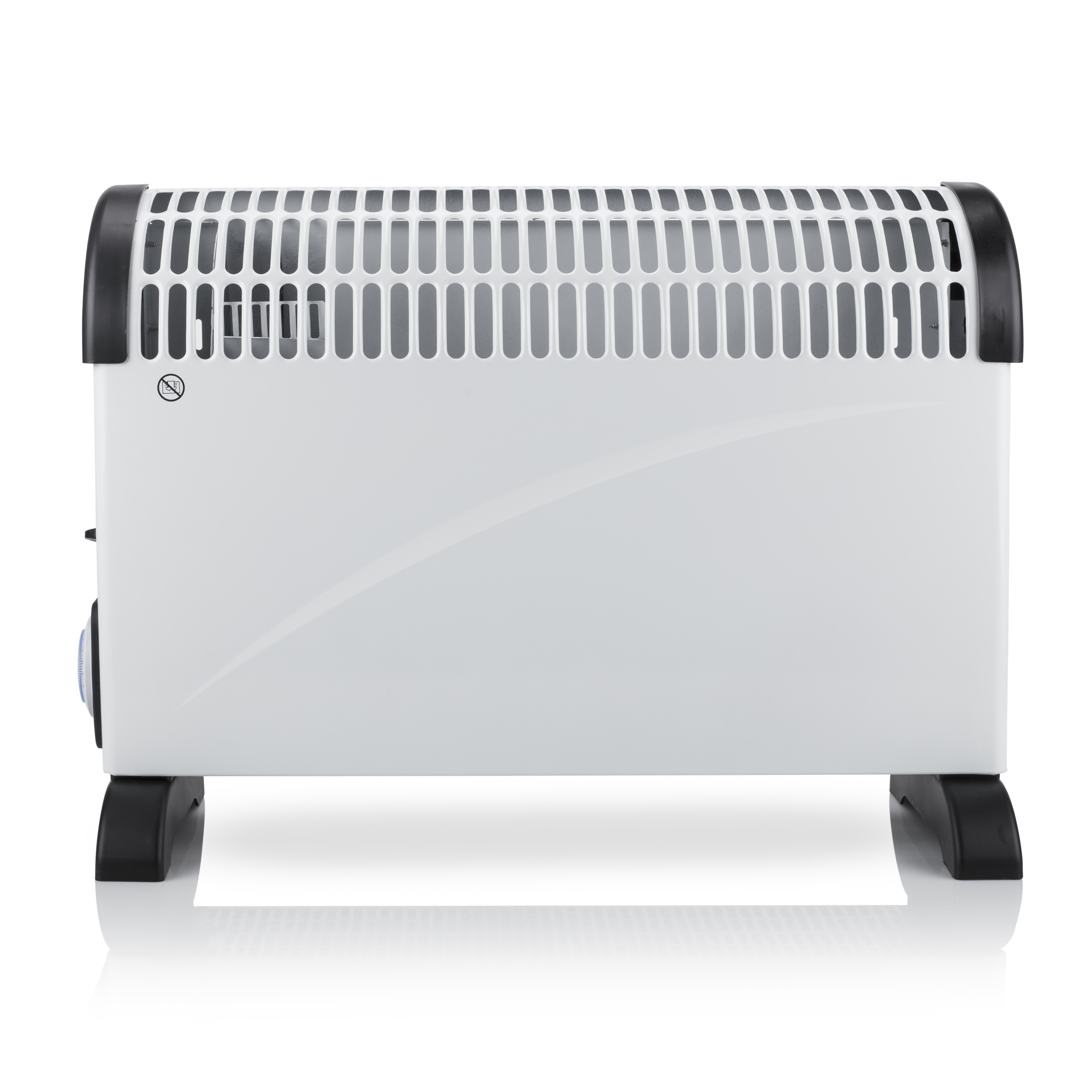 Termoventilatore elettrico bianco, piedi e parte superiore neri. Sfondo bianco.